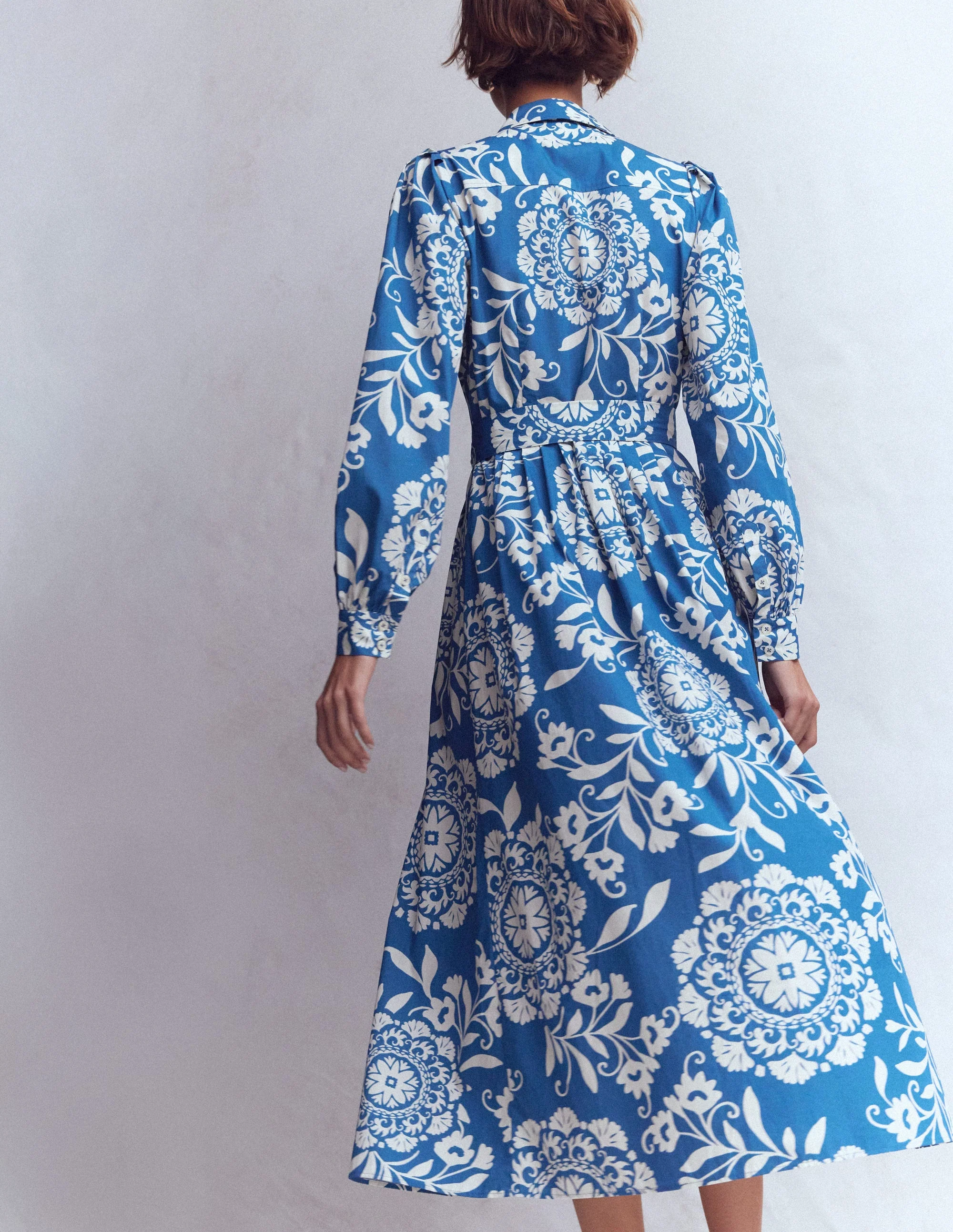 Alexa Long Sleeve Midi Dress-Blue, Decorative Blossom - Image 3
