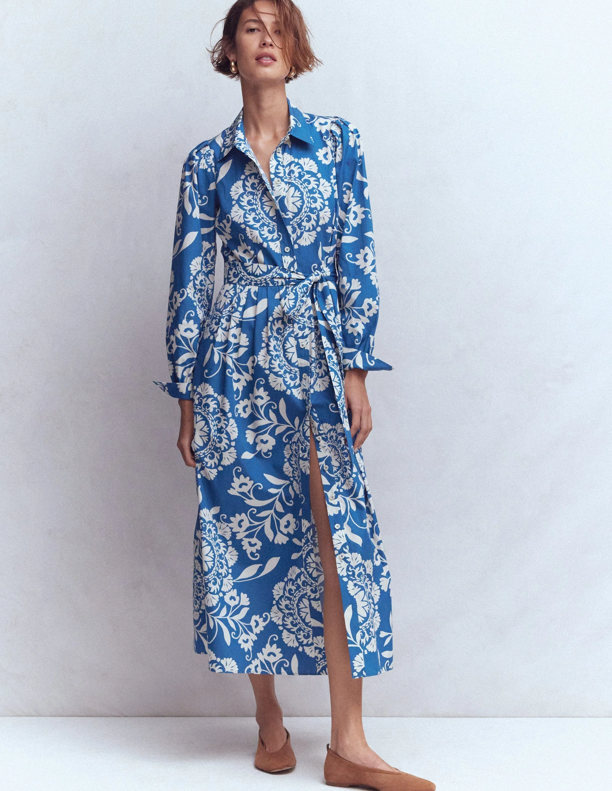 Alexa Long Sleeve Midi Dress-Blue, Decorative Blossom - Image 4