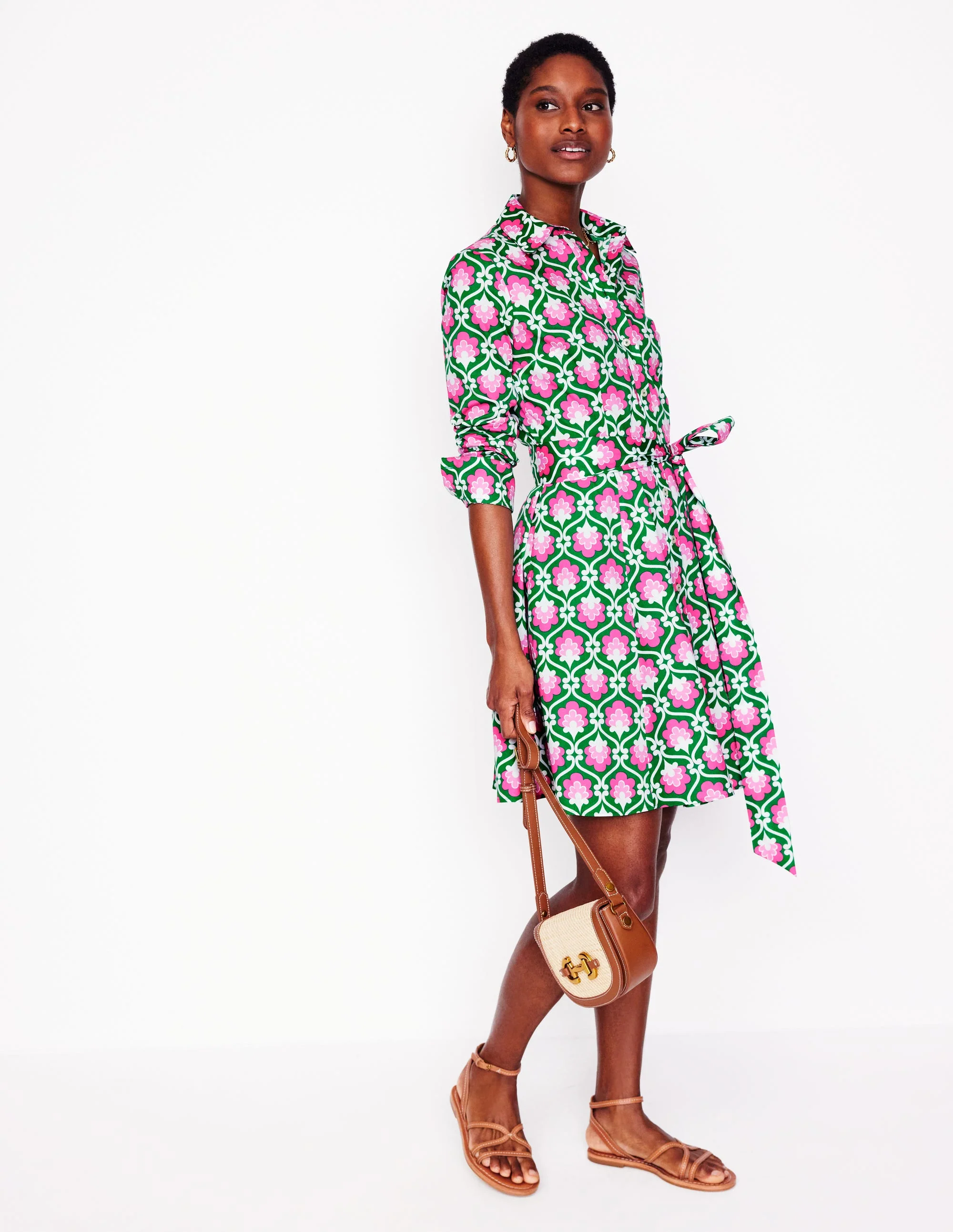 Amy Cotton Short Shirt Dress-Rich Emerald, Ivy Trellis - Image 4