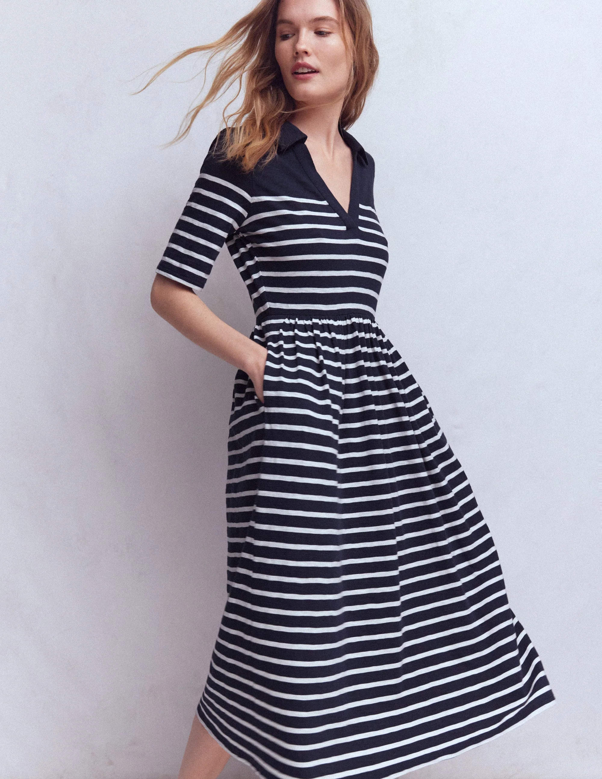 Aria Collared Jersey Dress-Navy, Ivory Stripe - Image 3