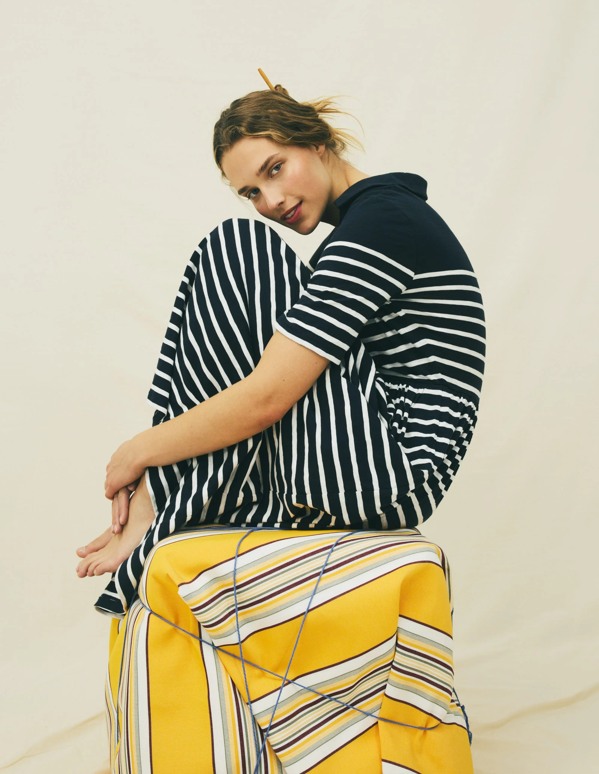 Aria Collared Jersey Dress-Navy, Ivory Stripe - Image 4