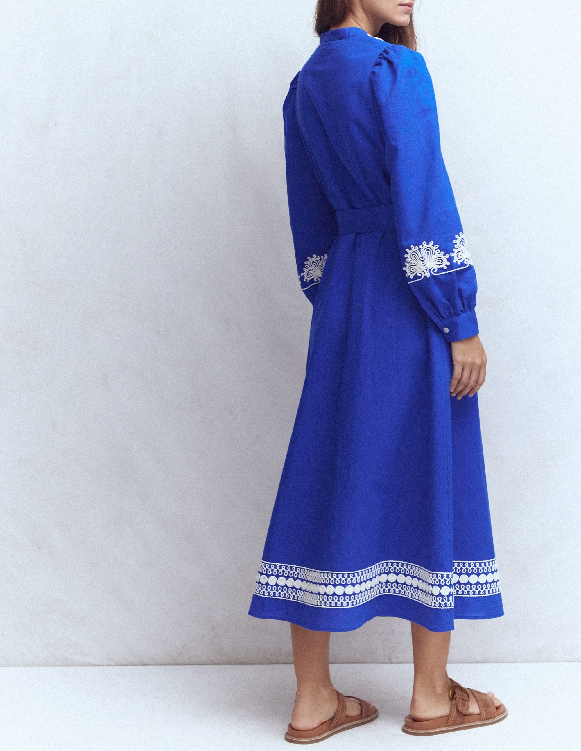 Ava Linen Blend Midi Dress-Blue Embroidery - Image 3