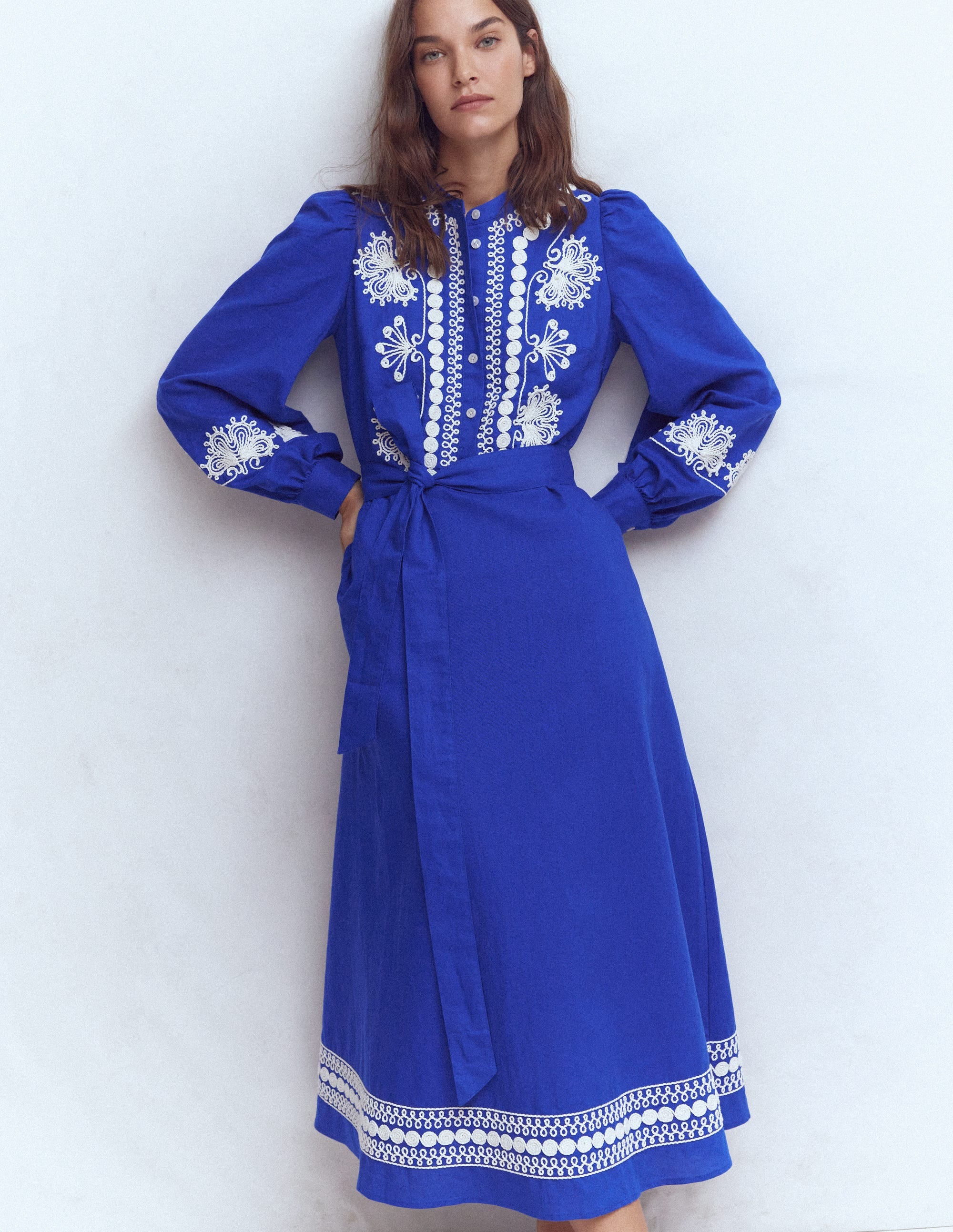 Ava Linen Blend Midi Dress-Blue Embroidery - Image 4
