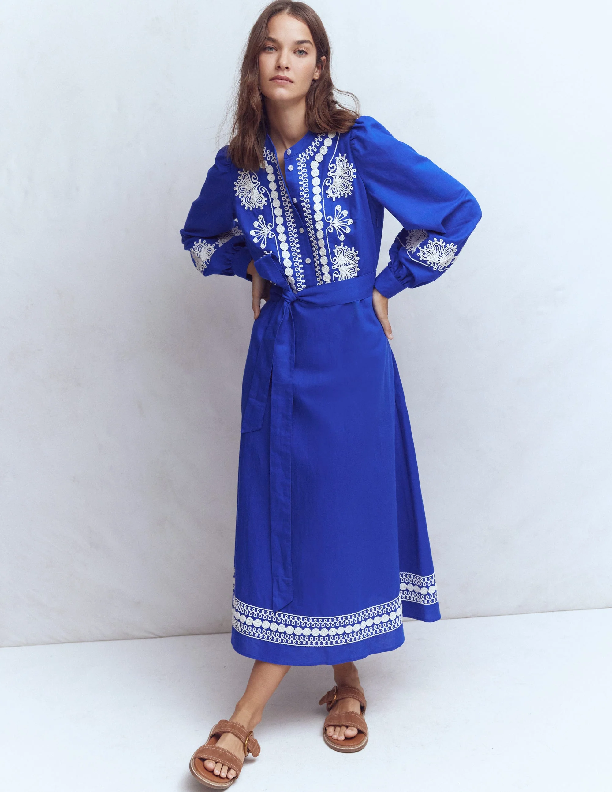 Ava Linen Blend Midi Dress-Blue Embroidery - Image 6