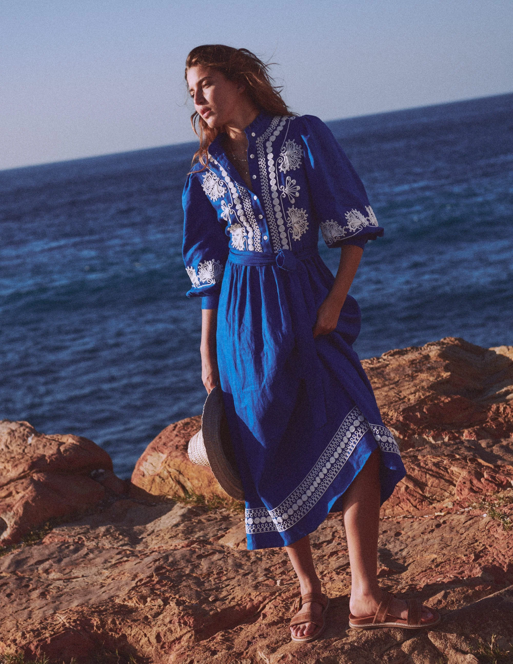 Ava Linen Blend Midi Dress-Blue Embroidery - Image 7