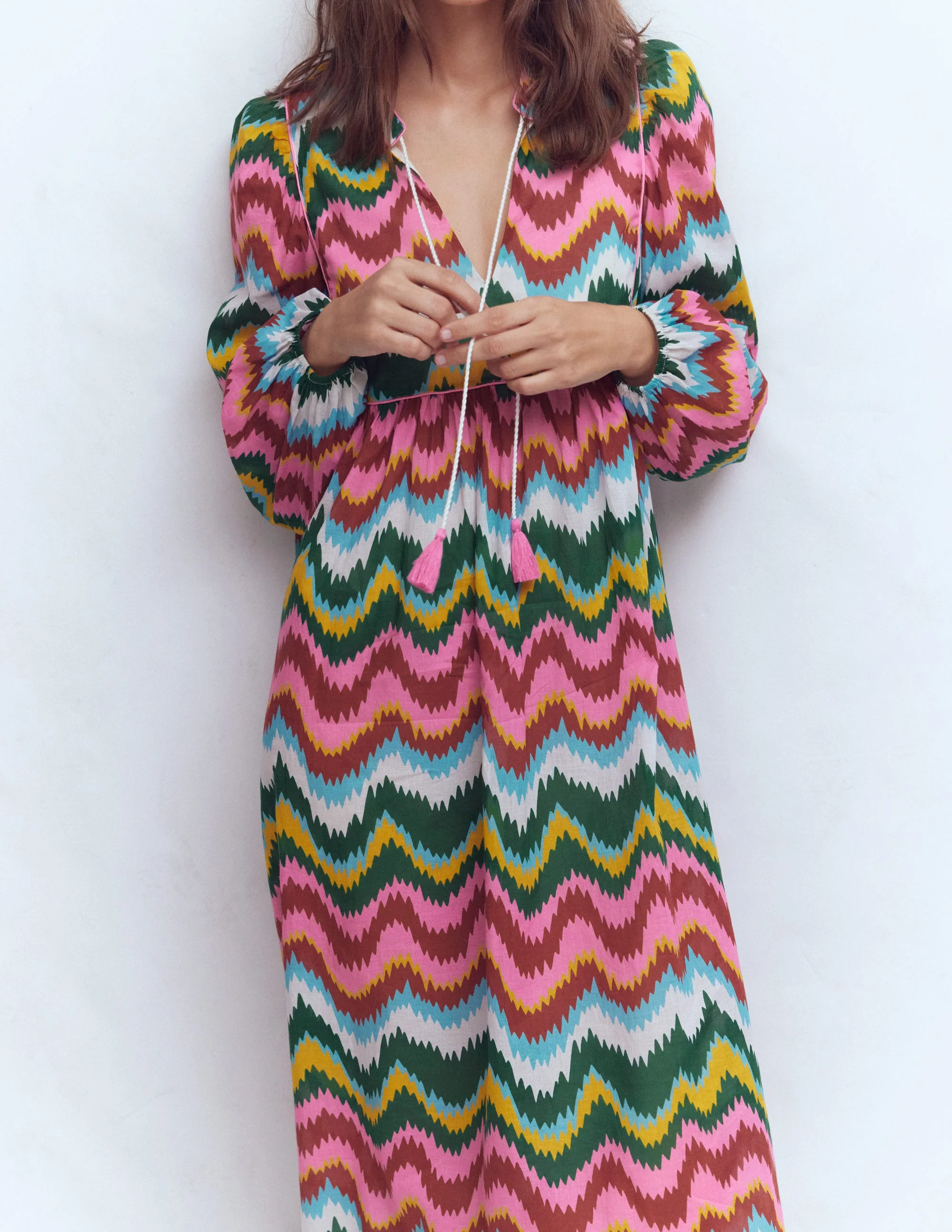 Boho Tie Neck Kaftan-Multi, Zig Zag Wave - Image 4