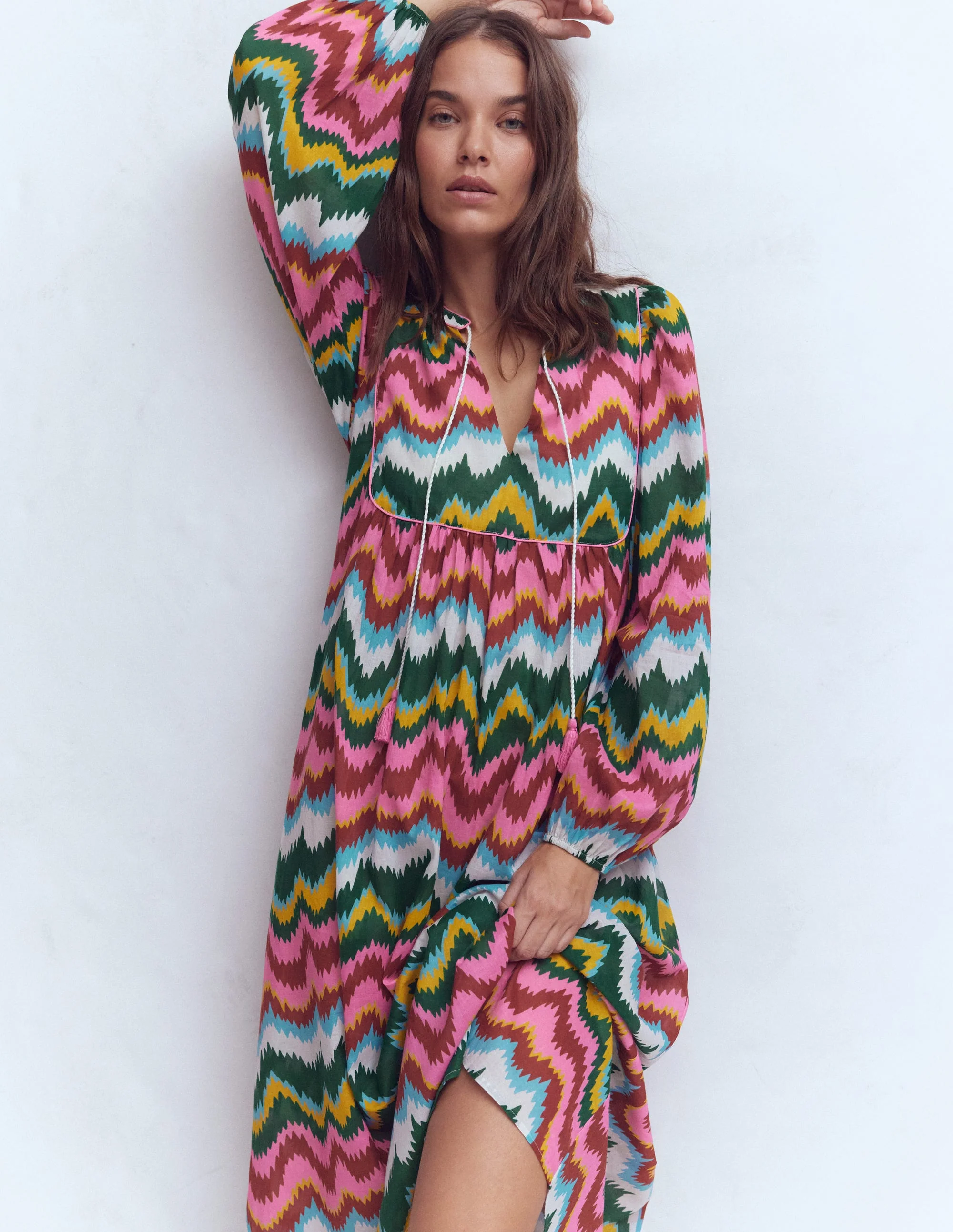 Boho Tie Neck Kaftan-Multi, Zig Zag Wave - Image 5
