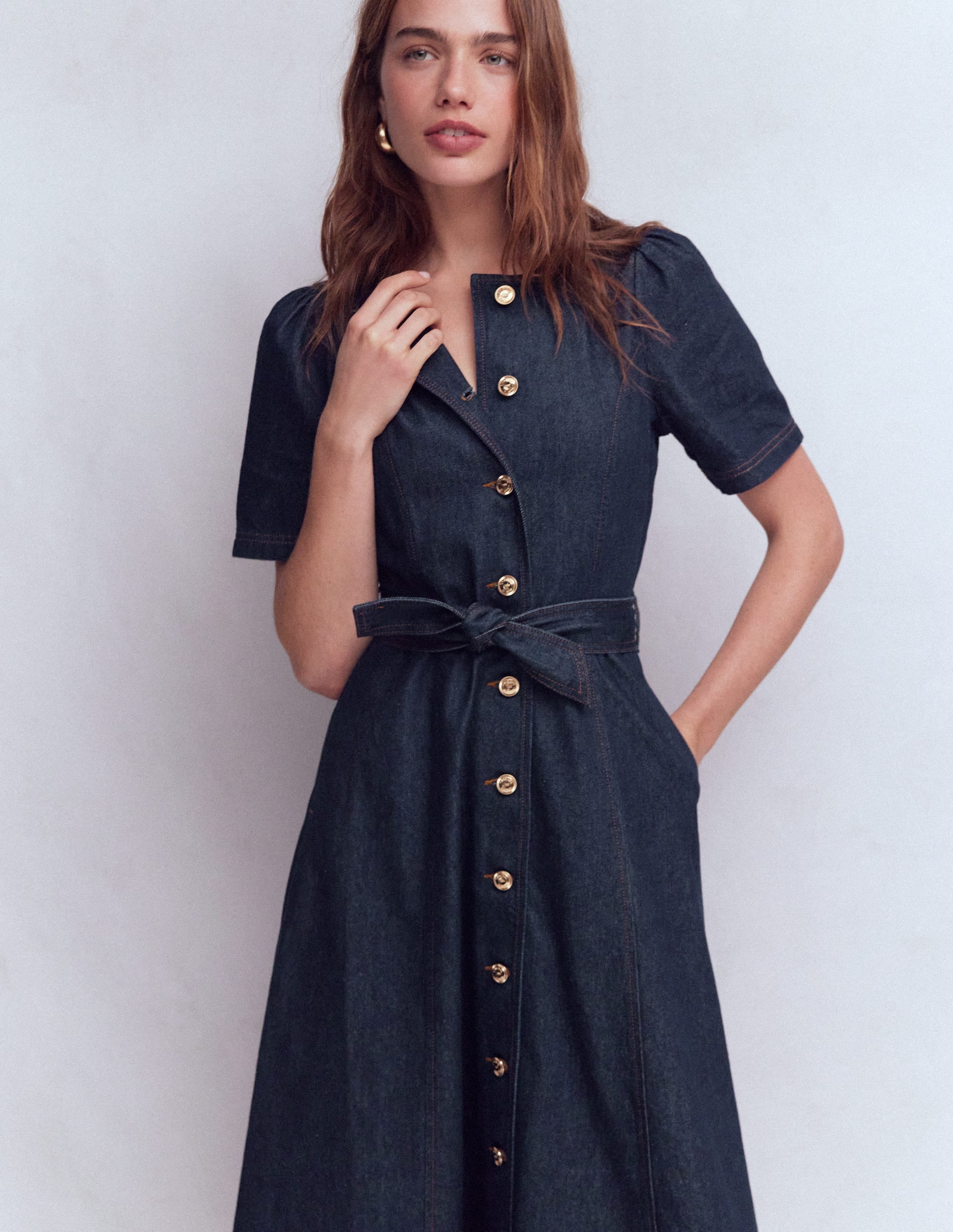Button Detail Denim Dress-Indigo - Image 4