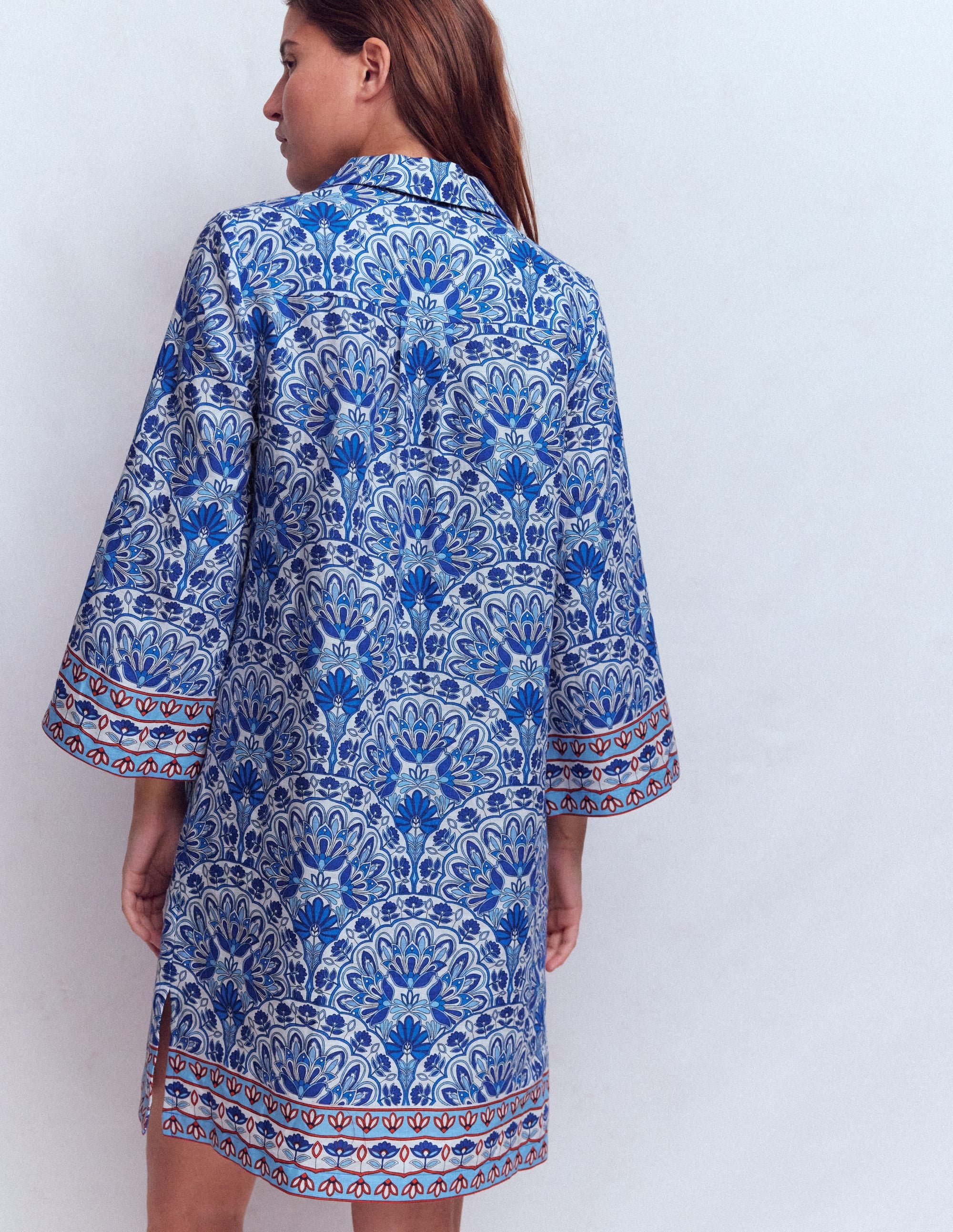 Carmen Linen Short Dress-Bright Blue, Elaborate Terrace - Image 3
