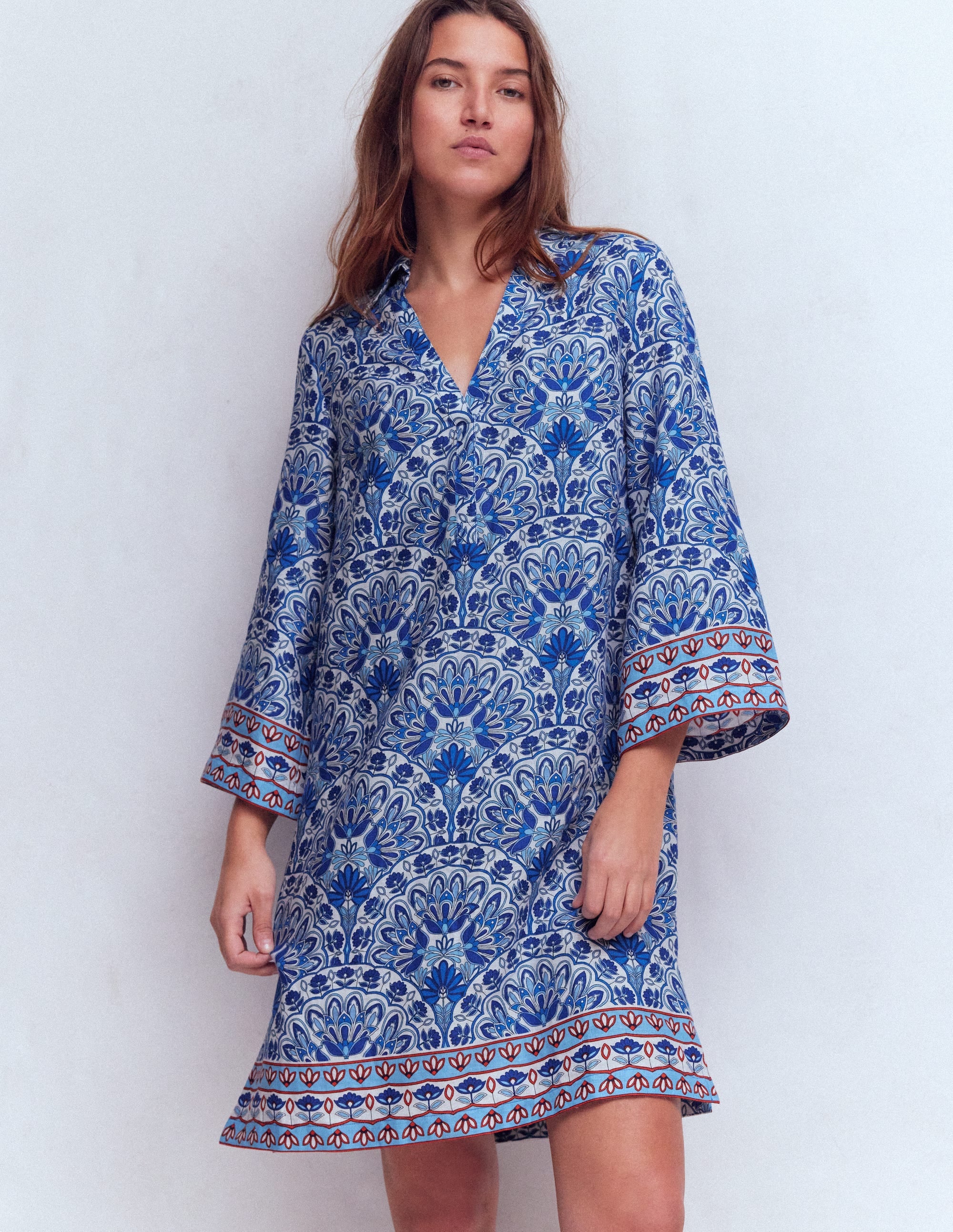 Carmen Linen Short Dress-Bright Blue, Elaborate Terrace - Image 5