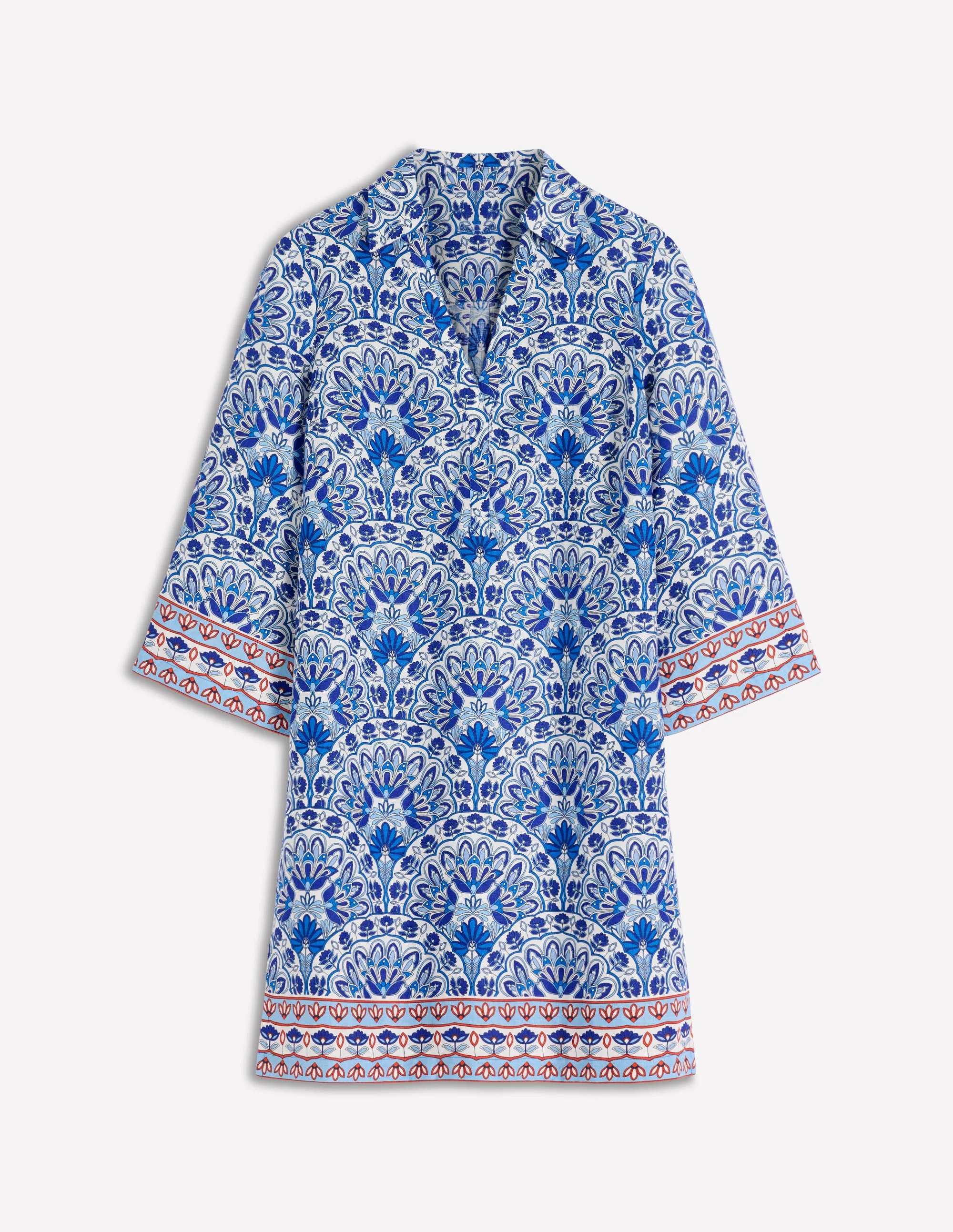 Carmen Linen Short Dress-Bright Blue, Elaborate Terrace - Image 7