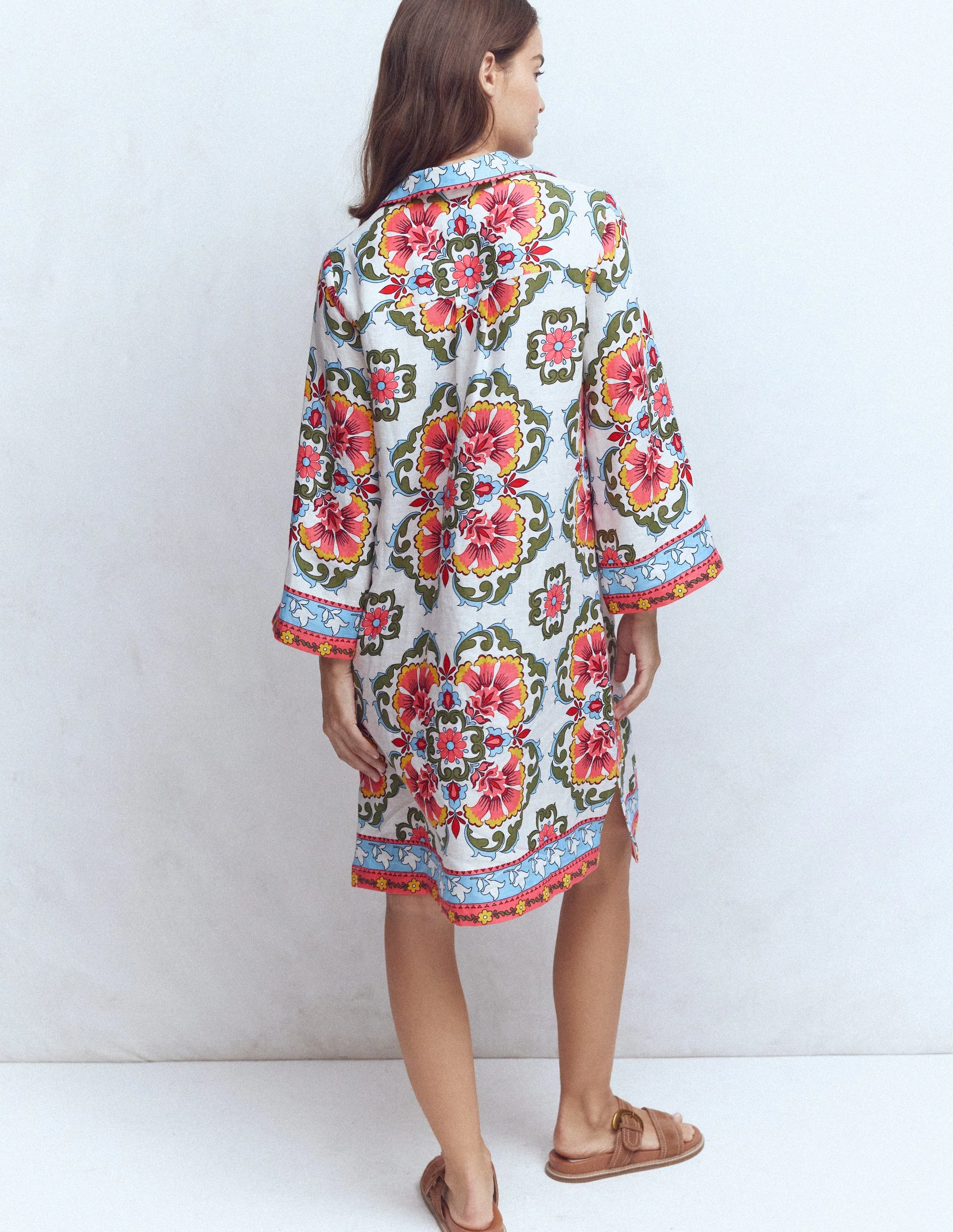 Carmen Linen Short Dress-Multi, Ornamental Trellis - Image 3