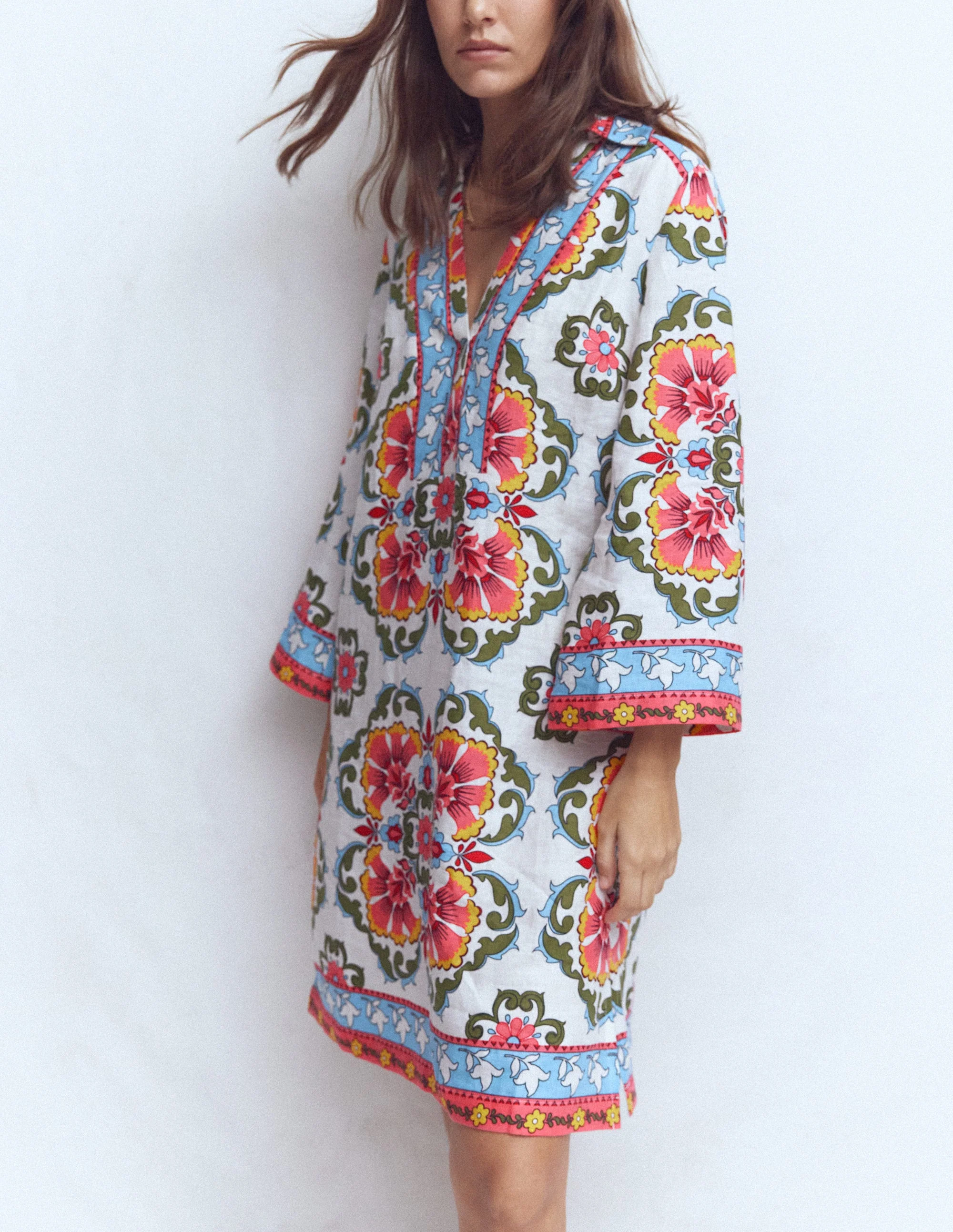 Carmen Linen Short Dress-Multi, Ornamental Trellis - Image 4