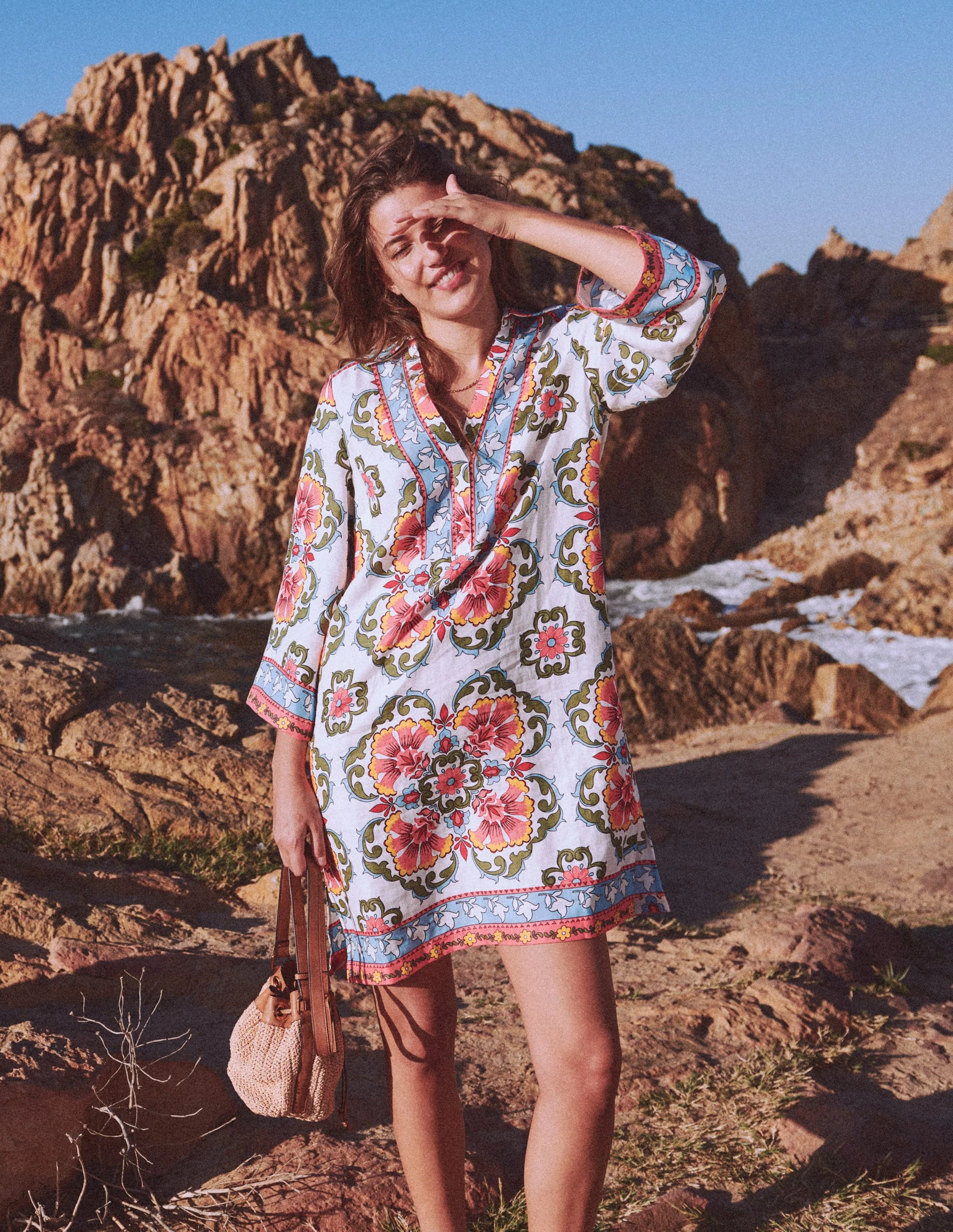 Carmen Linen Short Dress-Multi, Ornamental Trellis - Image 5