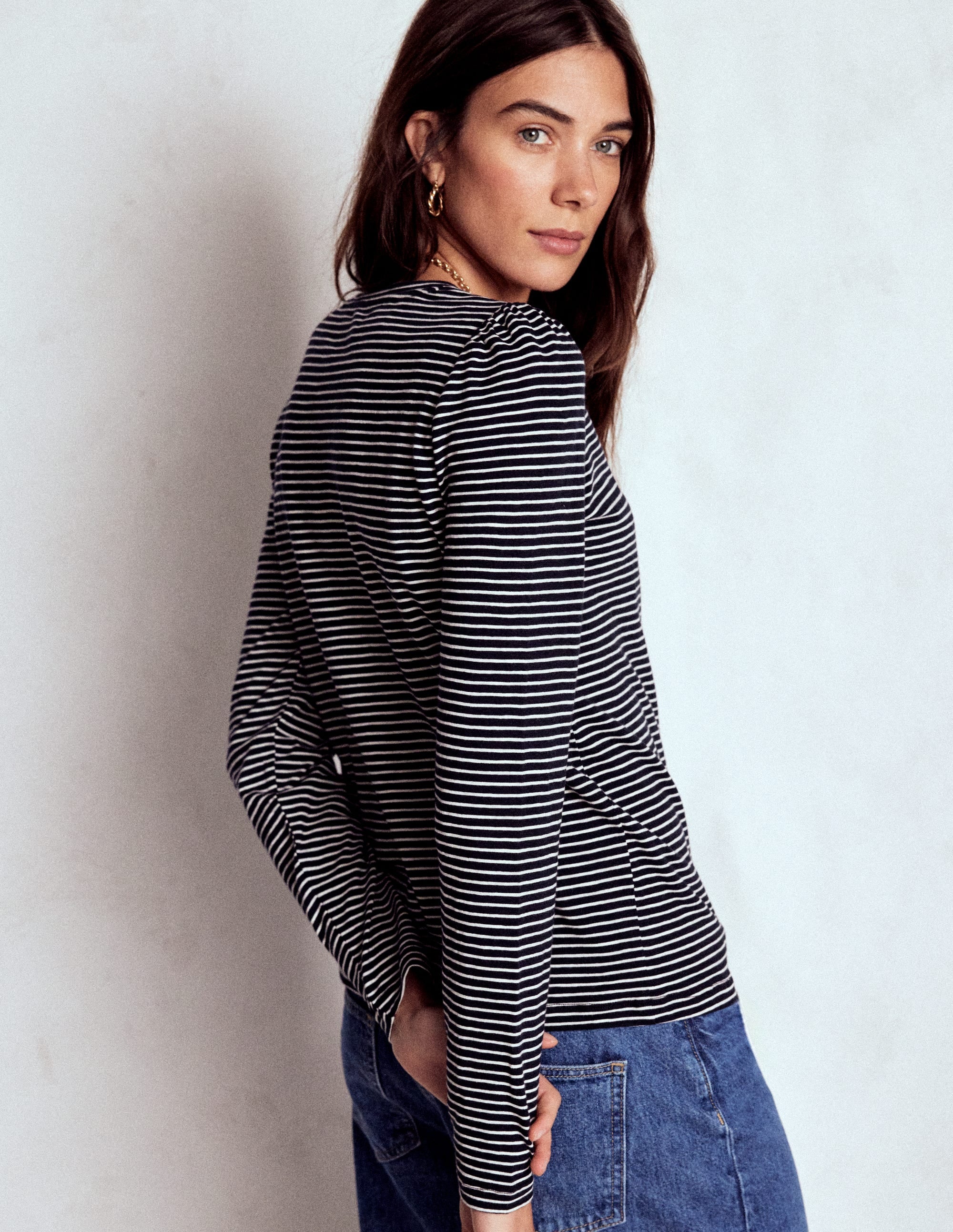 Cotton Crew Long Sleeve Top-Navy, Ivory Stripe - Image 3