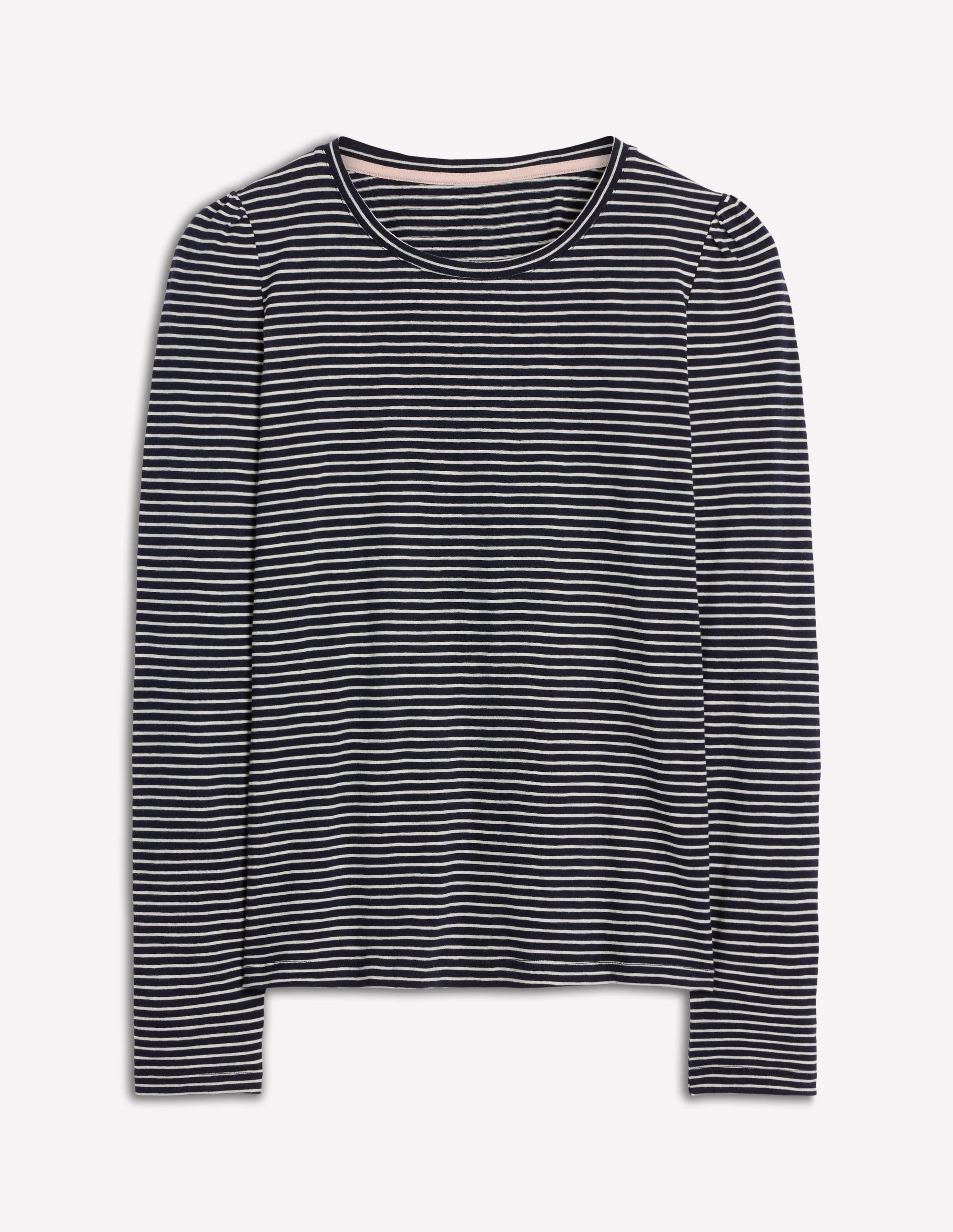 Cotton Crew Long Sleeve Top-Navy, Ivory Stripe - Image 5