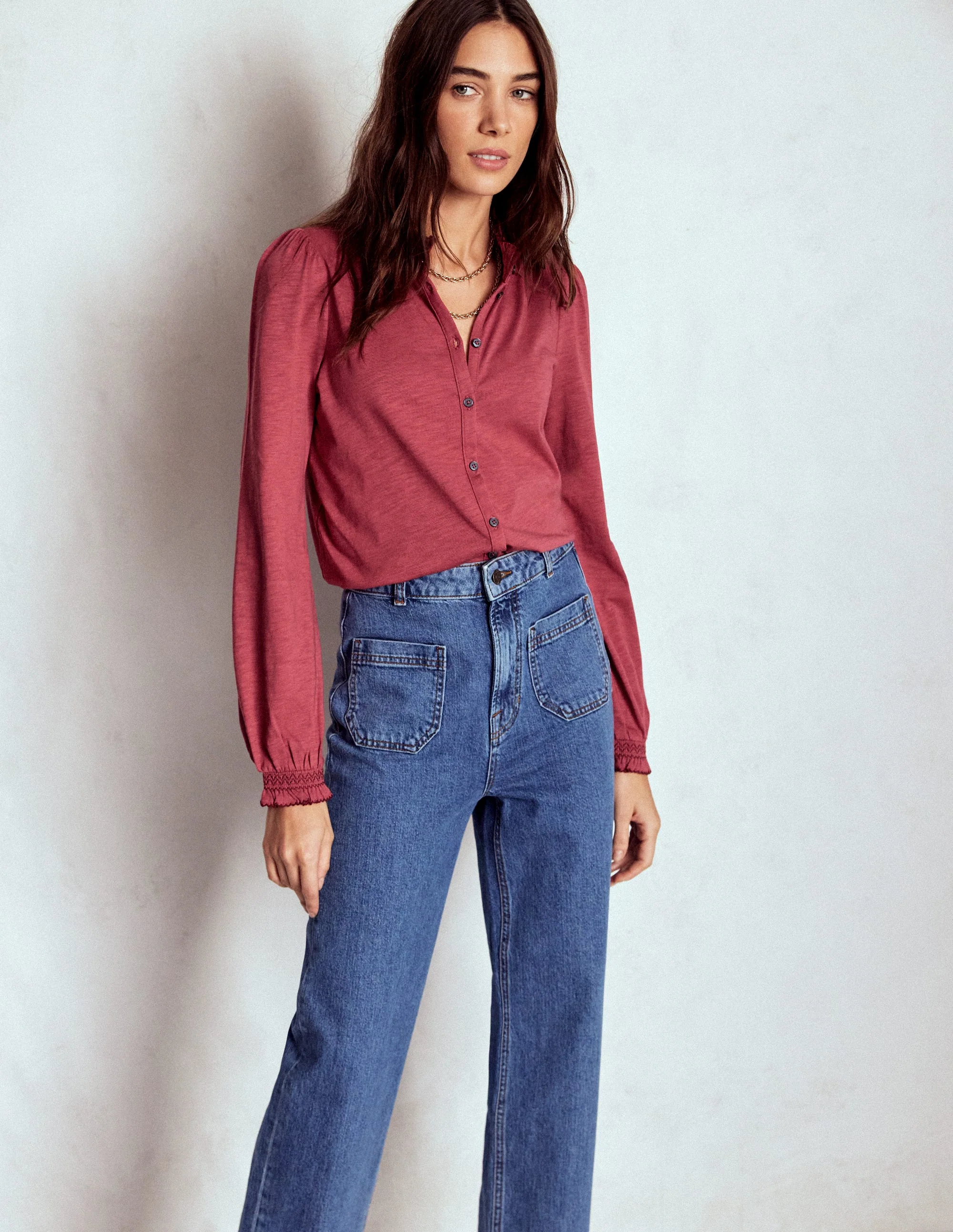 Effie Smocked Detail Shirt-Terracotta Red - Image 4