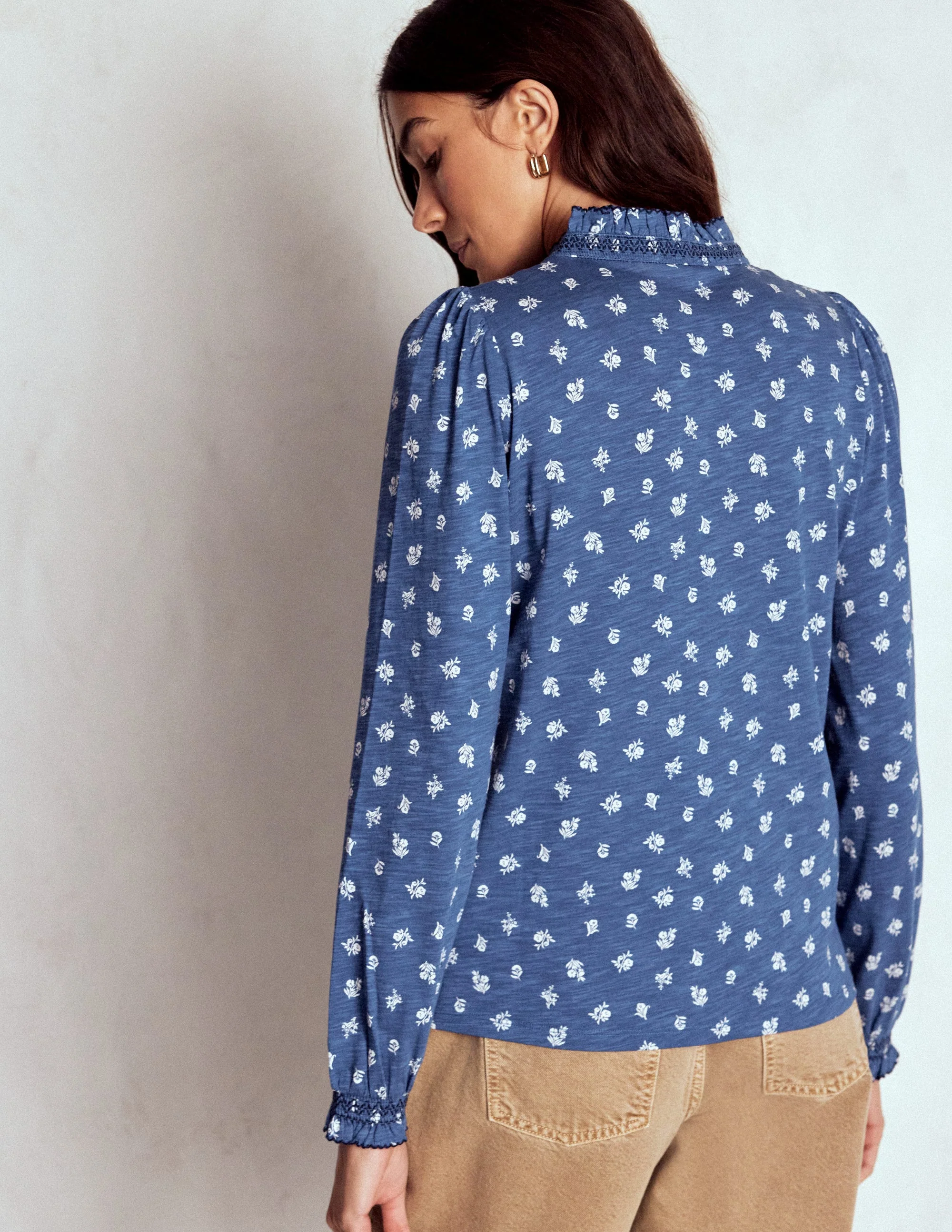 Effie Smocked Detail Shirt-True Navy, Flower Press Small - Image 3