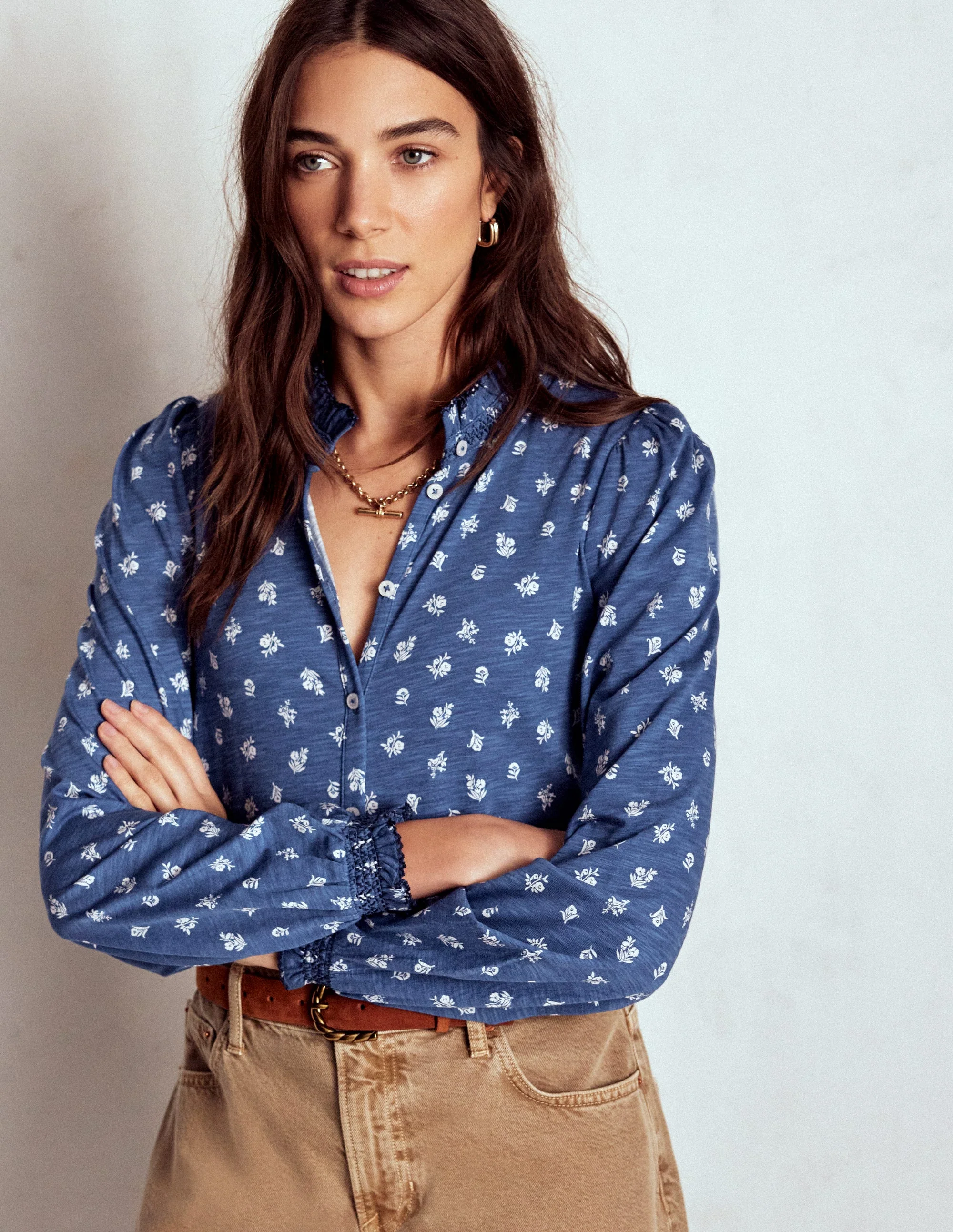 Effie Smocked Detail Shirt-True Navy, Flower Press Small - Image 4