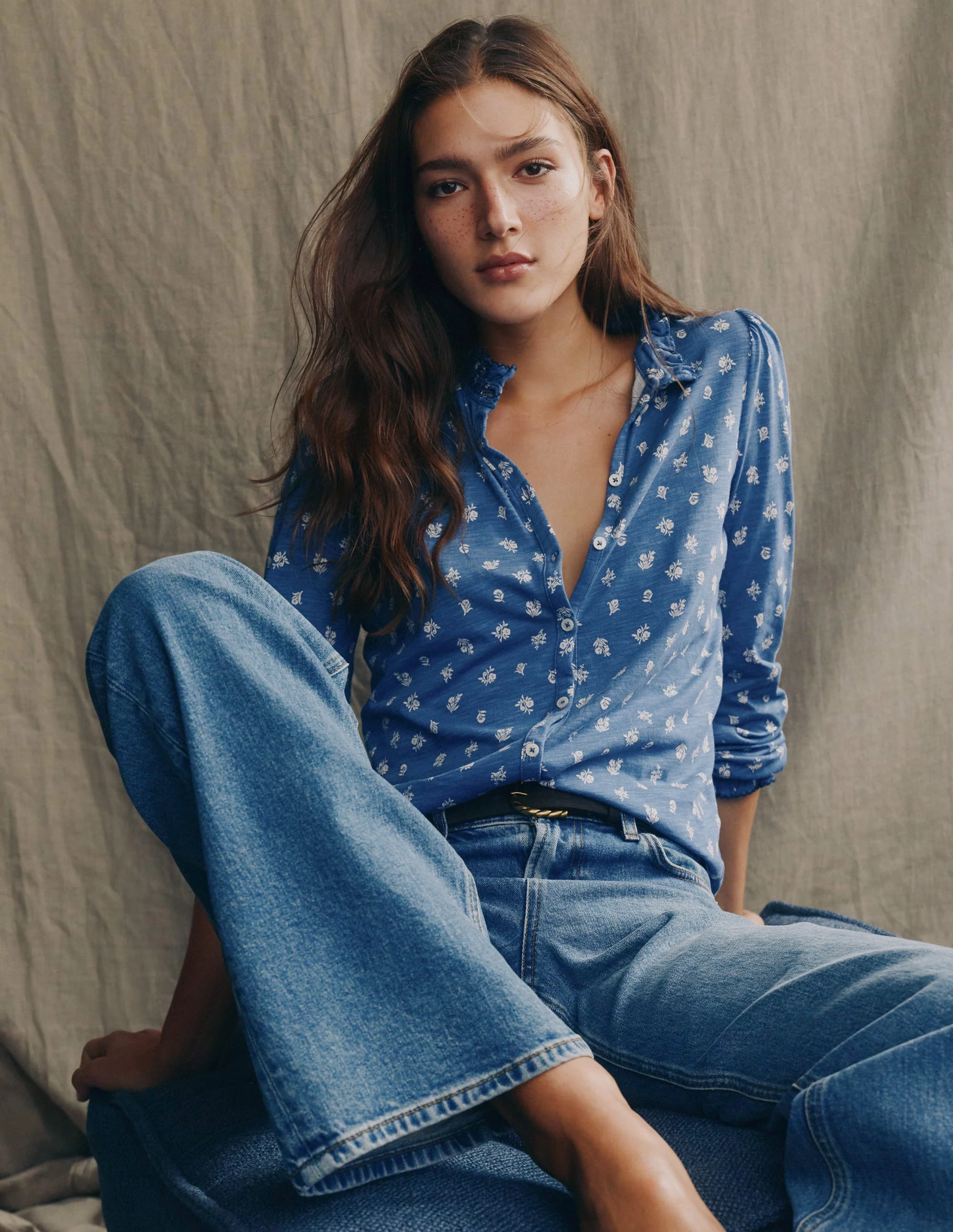 Effie Smocked Detail Shirt-True Navy, Flower Press Small - Image 5