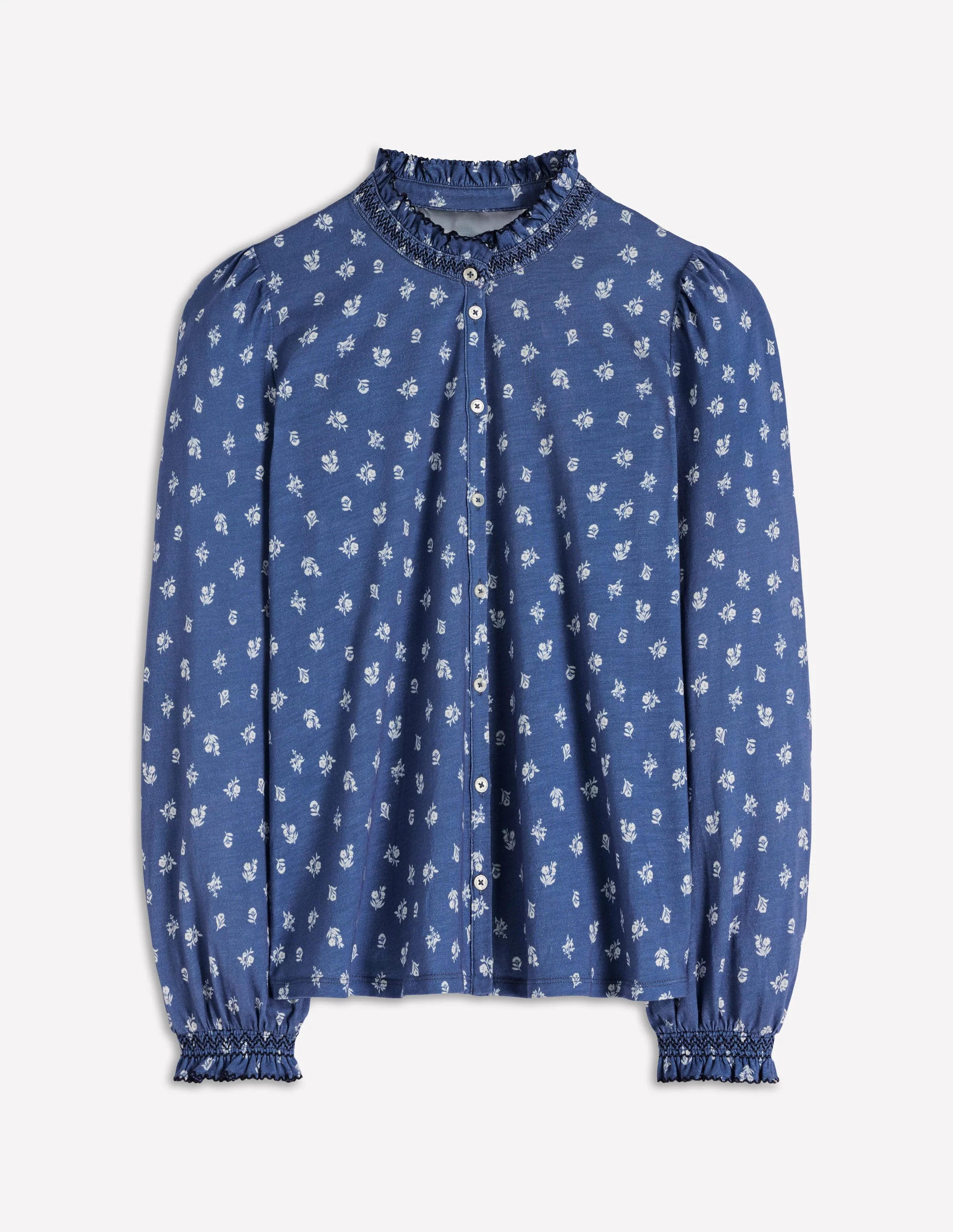 Effie Smocked Detail Shirt-True Navy, Flower Press Small - Image 6