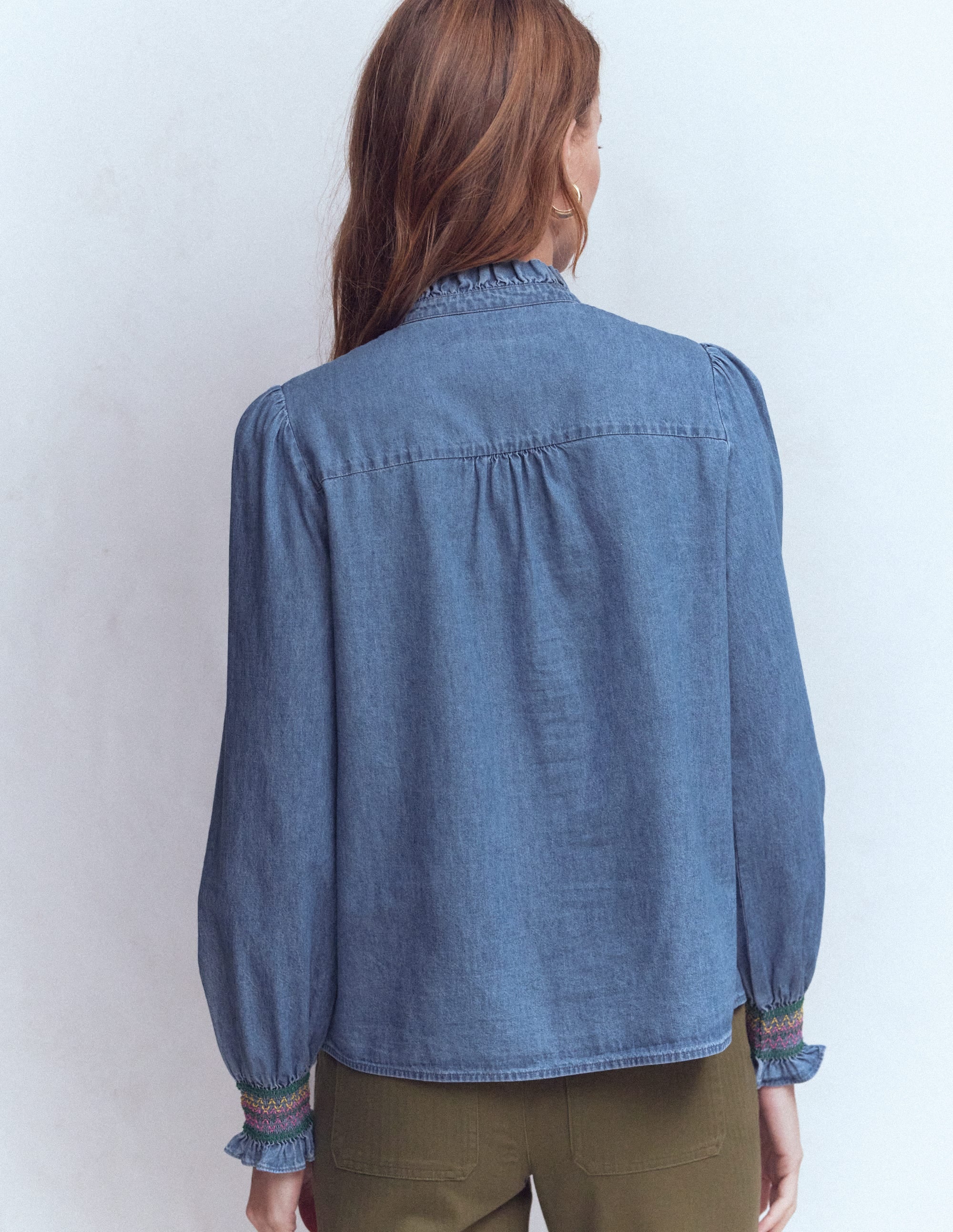 Esme Smocked Denim Frill Top-Light Authentic - Image 3