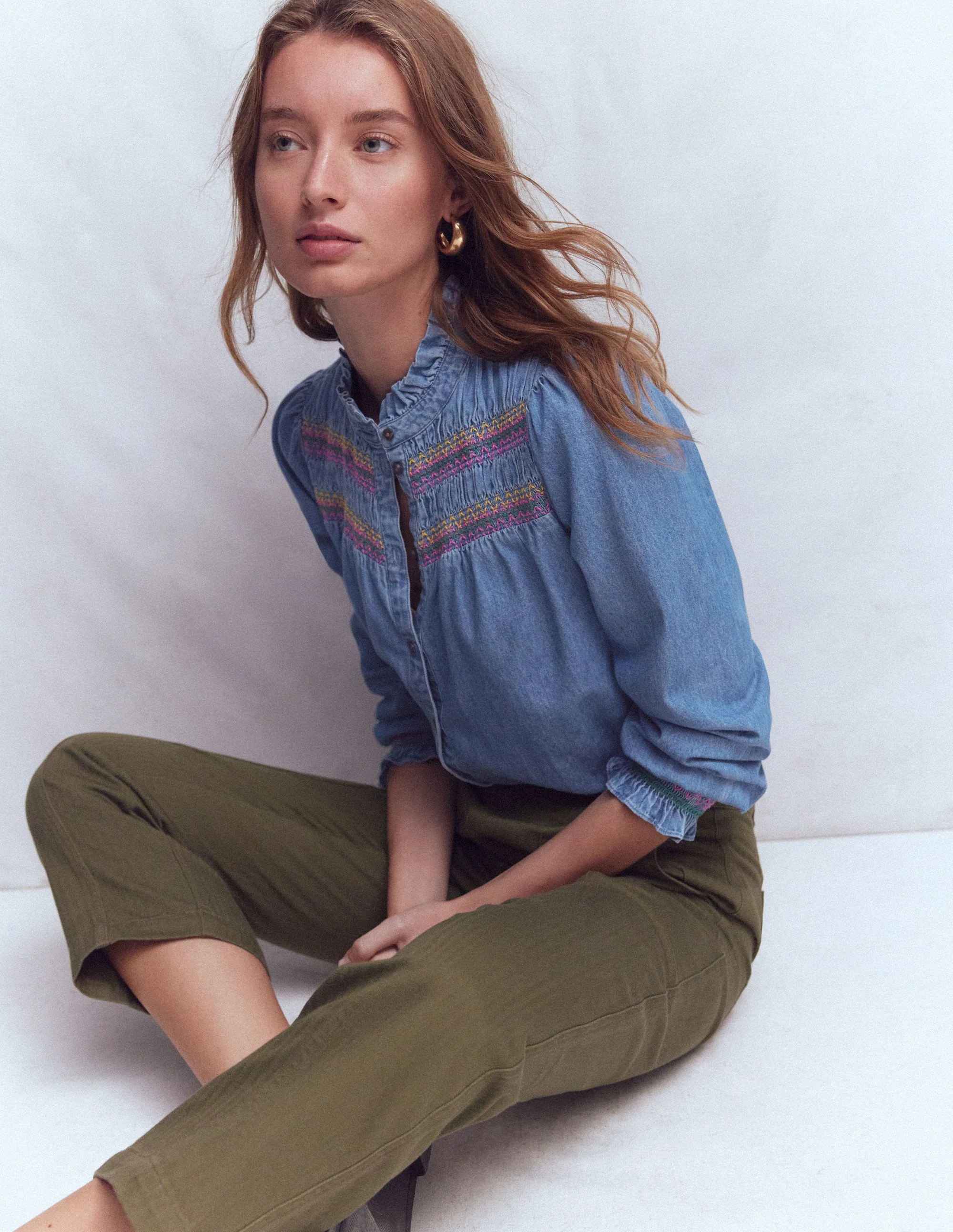 Esme Smocked Denim Frill Top-Light Authentic - Image 4