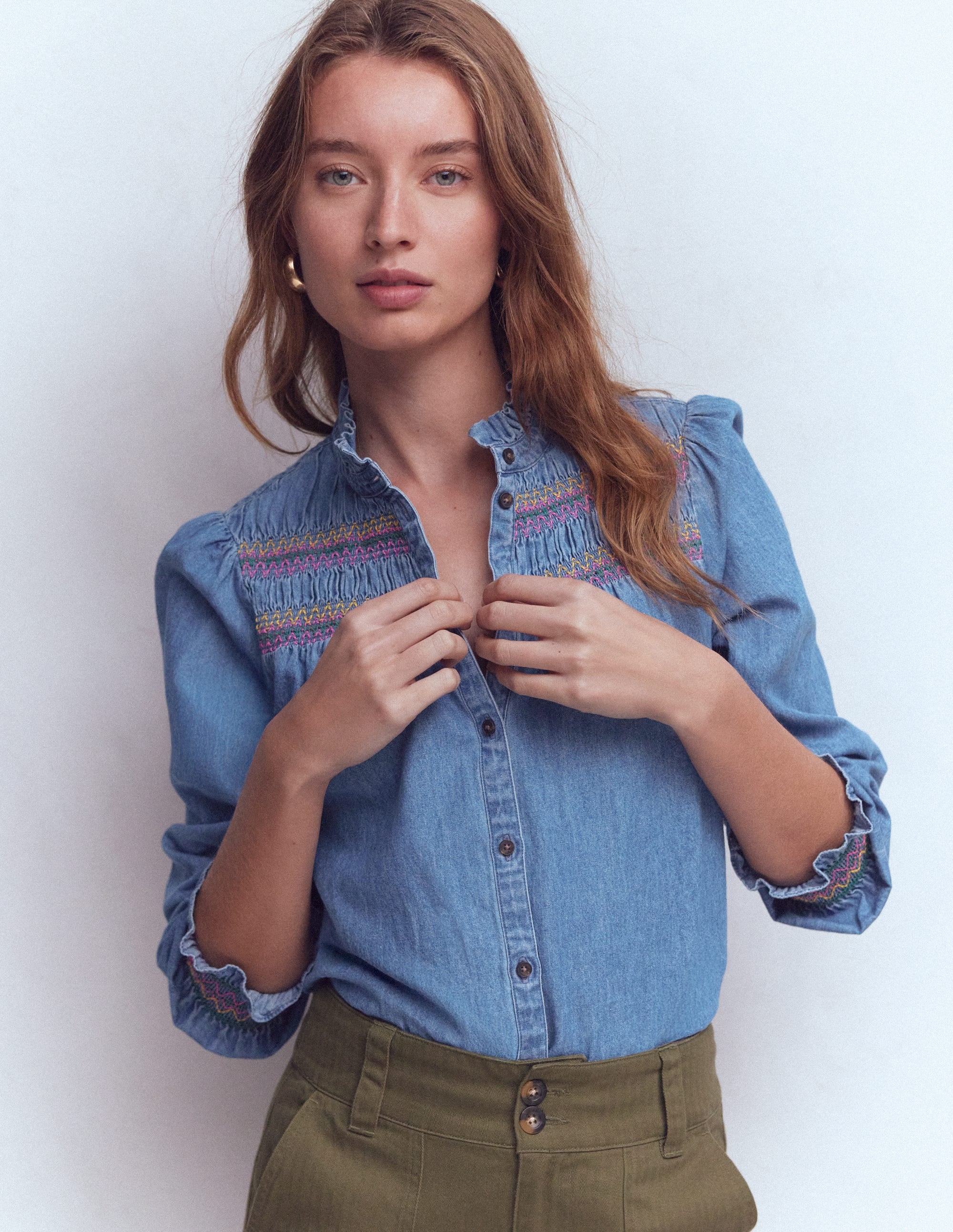 Esme Smocked Denim Frill Top-Light Authentic - Image 5