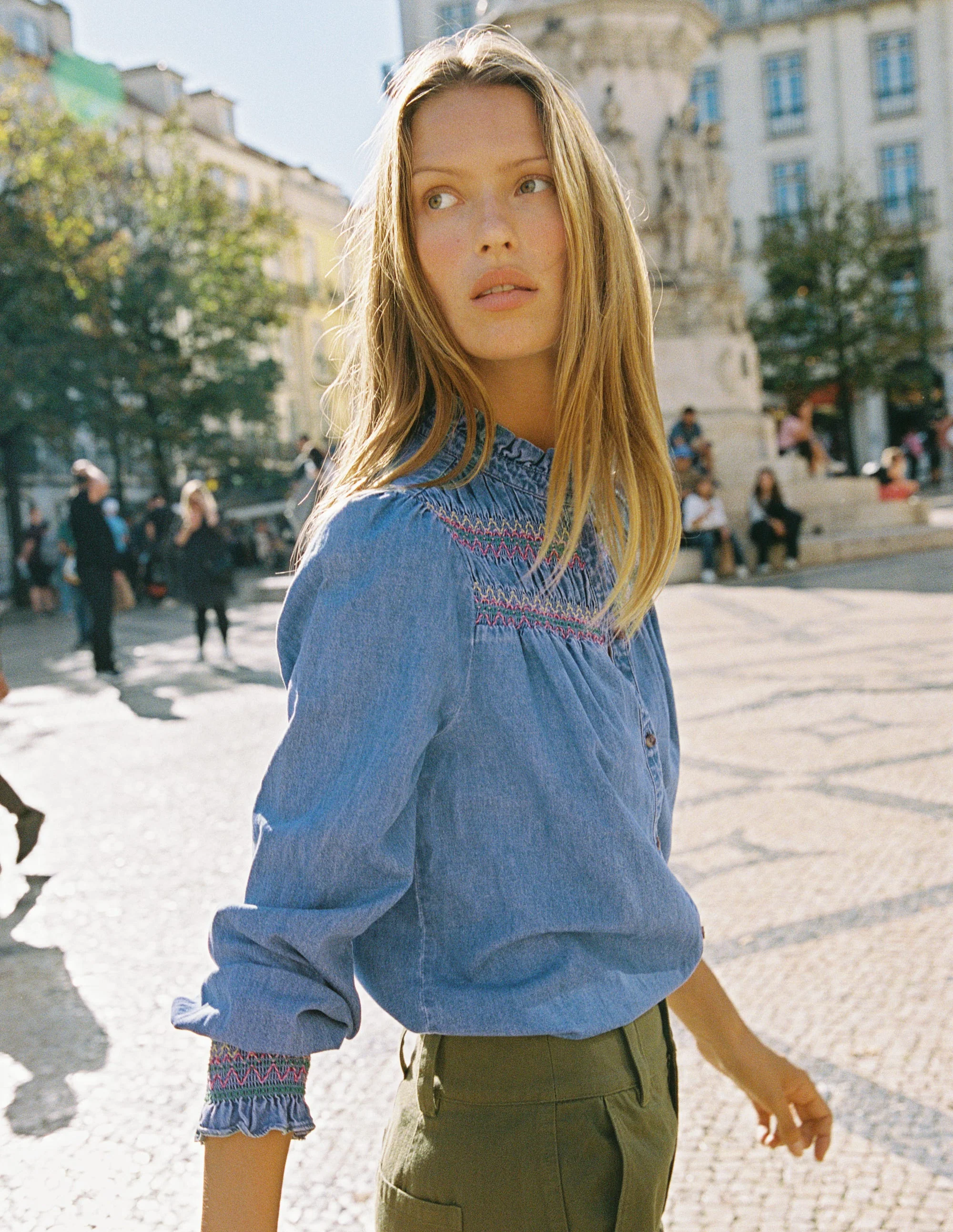 Esme Smocked Denim Frill Top-Light Authentic - Image 6