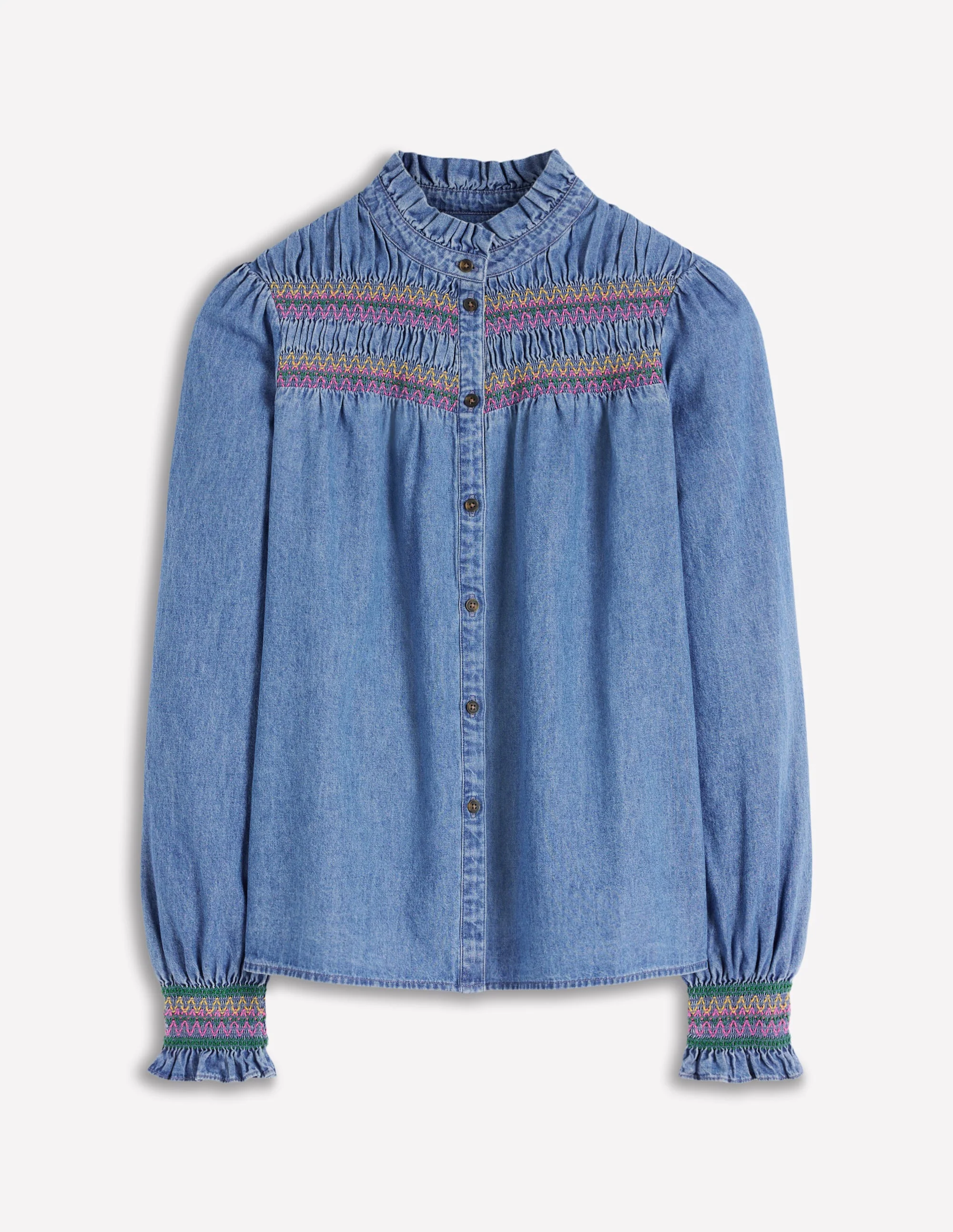 Esme Smocked Denim Frill Top-Light Authentic - Image 7