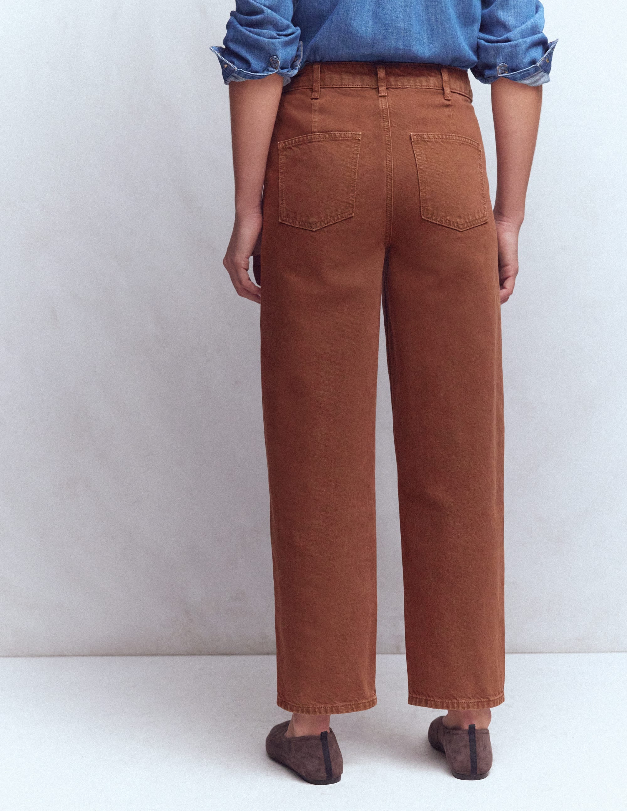 Exposed Button Straight Jeans-Brown - Image 3