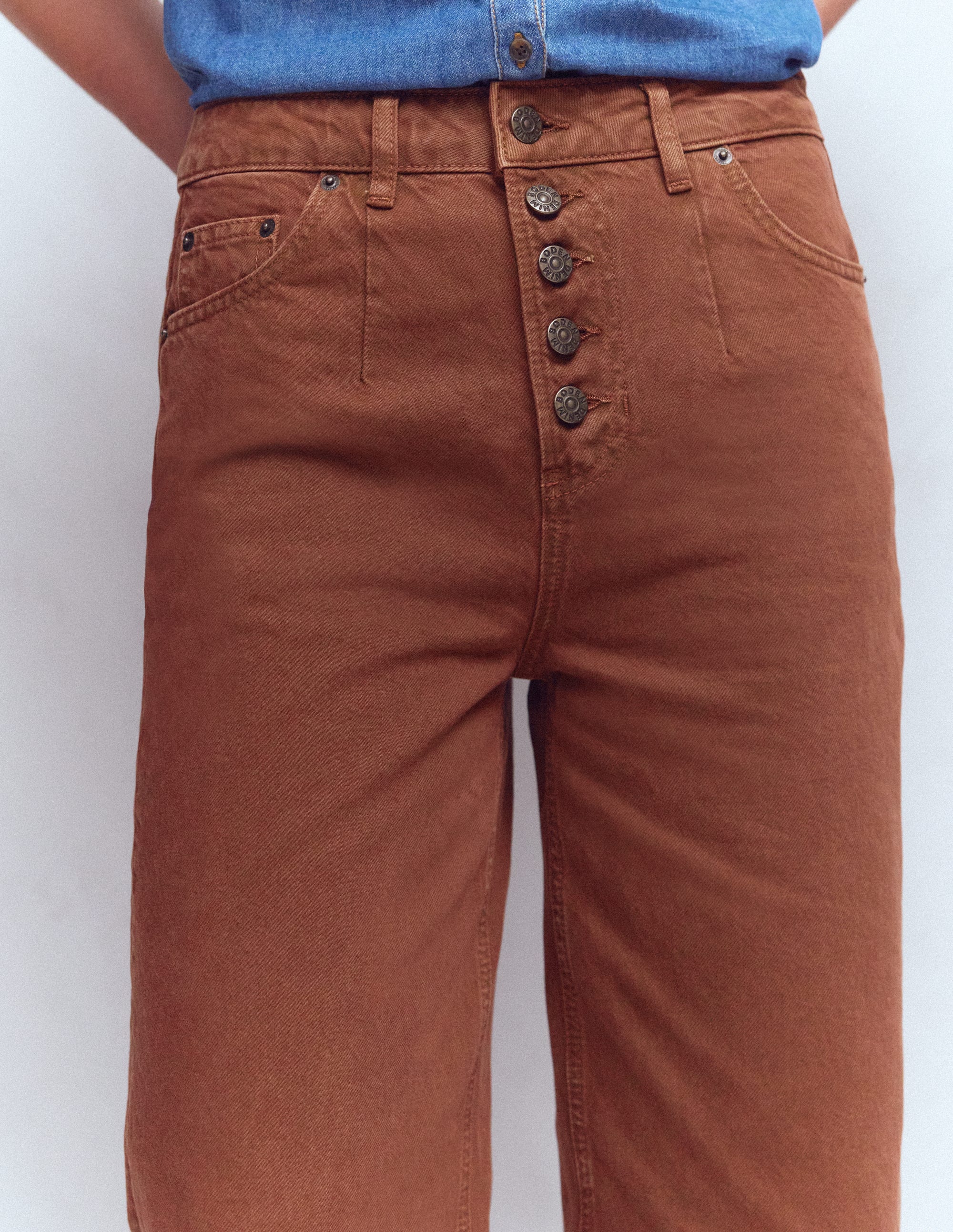 Exposed Button Straight Jeans-Brown - Image 5