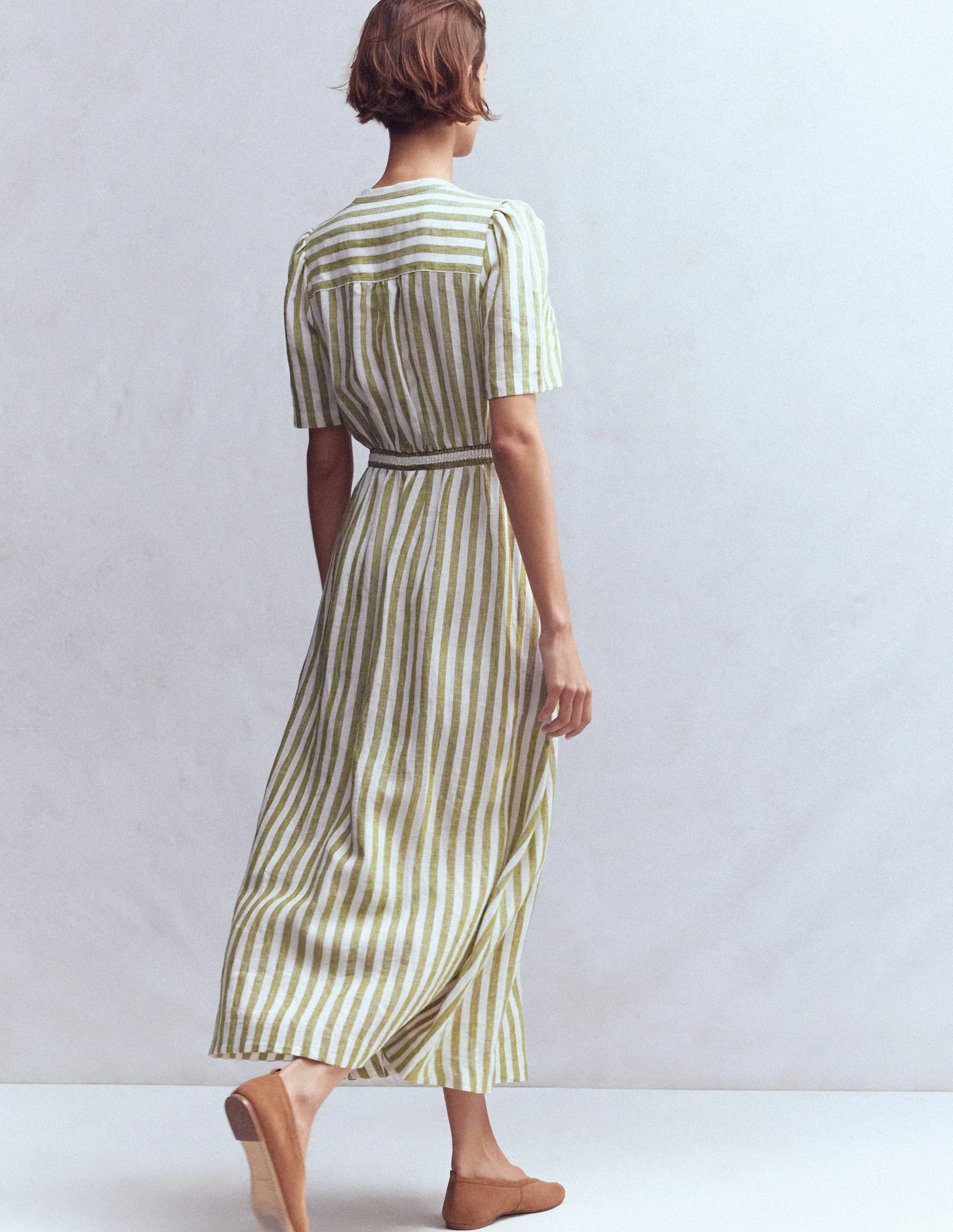Ivy Linen Midi Dress-Olive, Ivory Stripe - Image 3