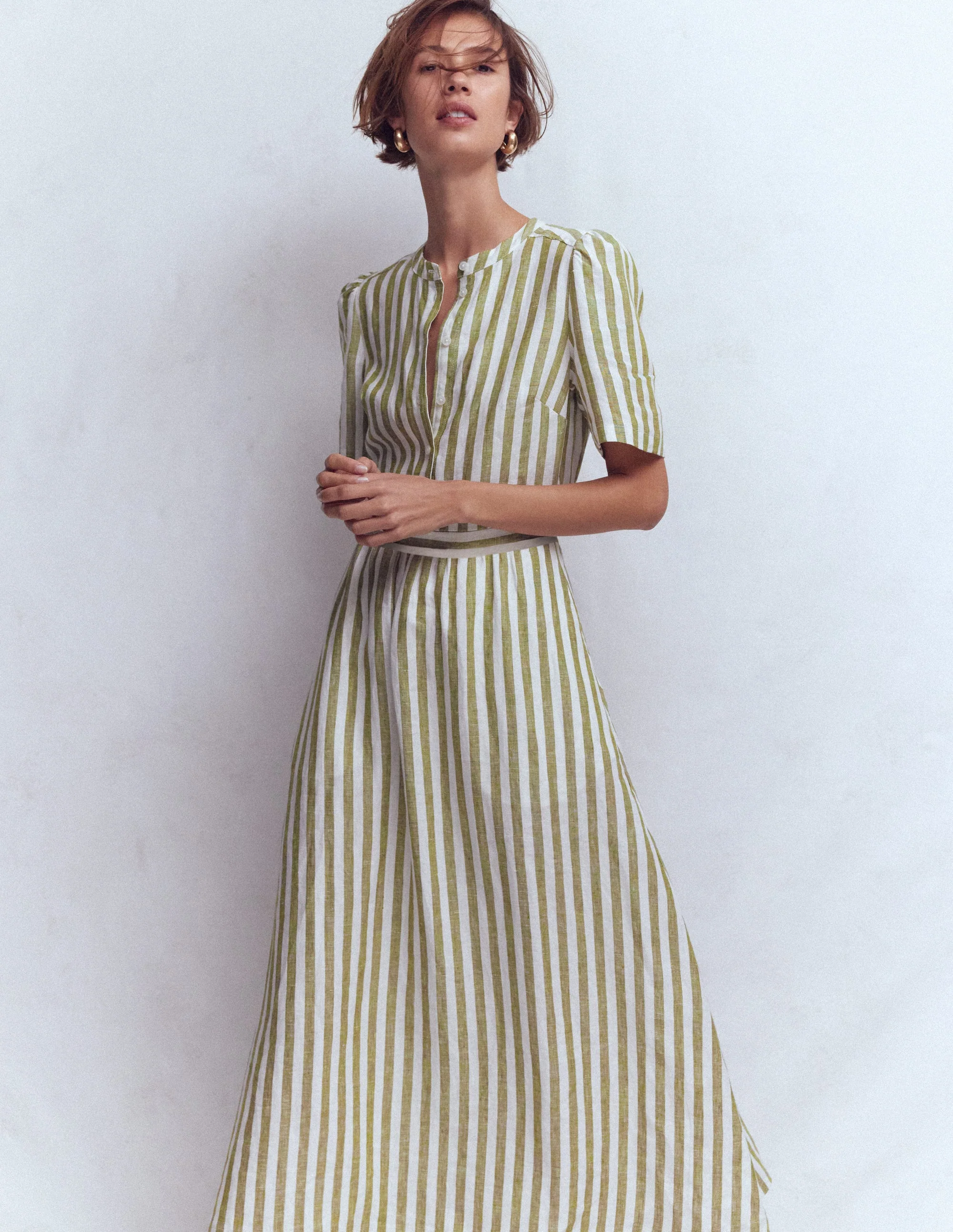 Ivy Linen Midi Dress-Olive, Ivory Stripe - Image 4