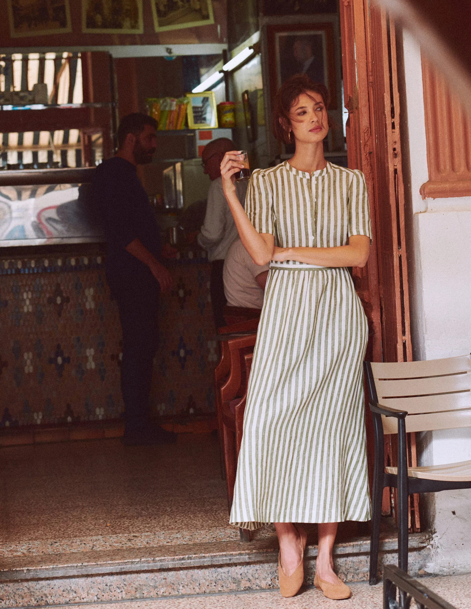 Ivy Linen Midi Dress-Olive, Ivory Stripe - Image 5