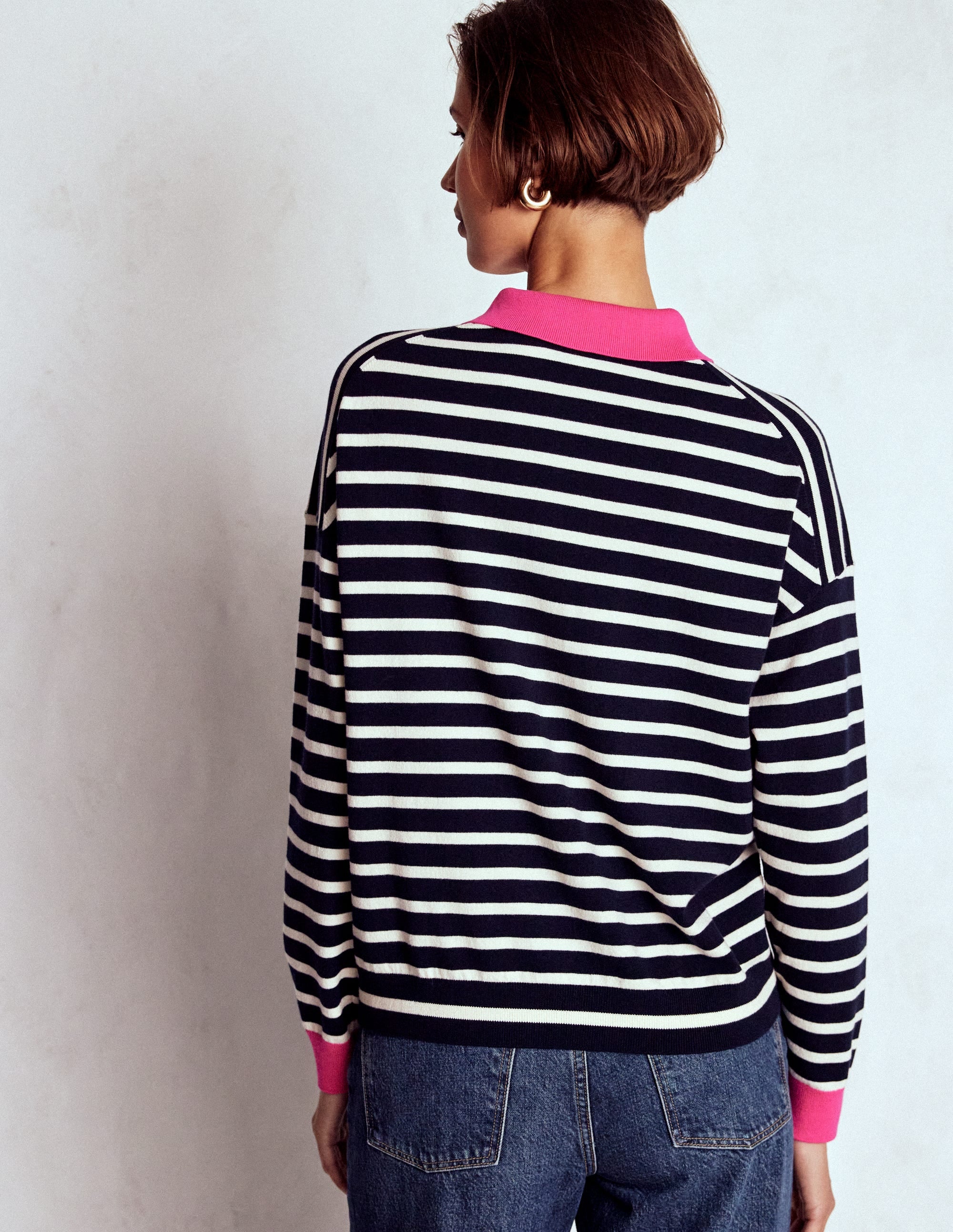 Lara Cotton Henley Jumper-Navy Stripe - Image 3