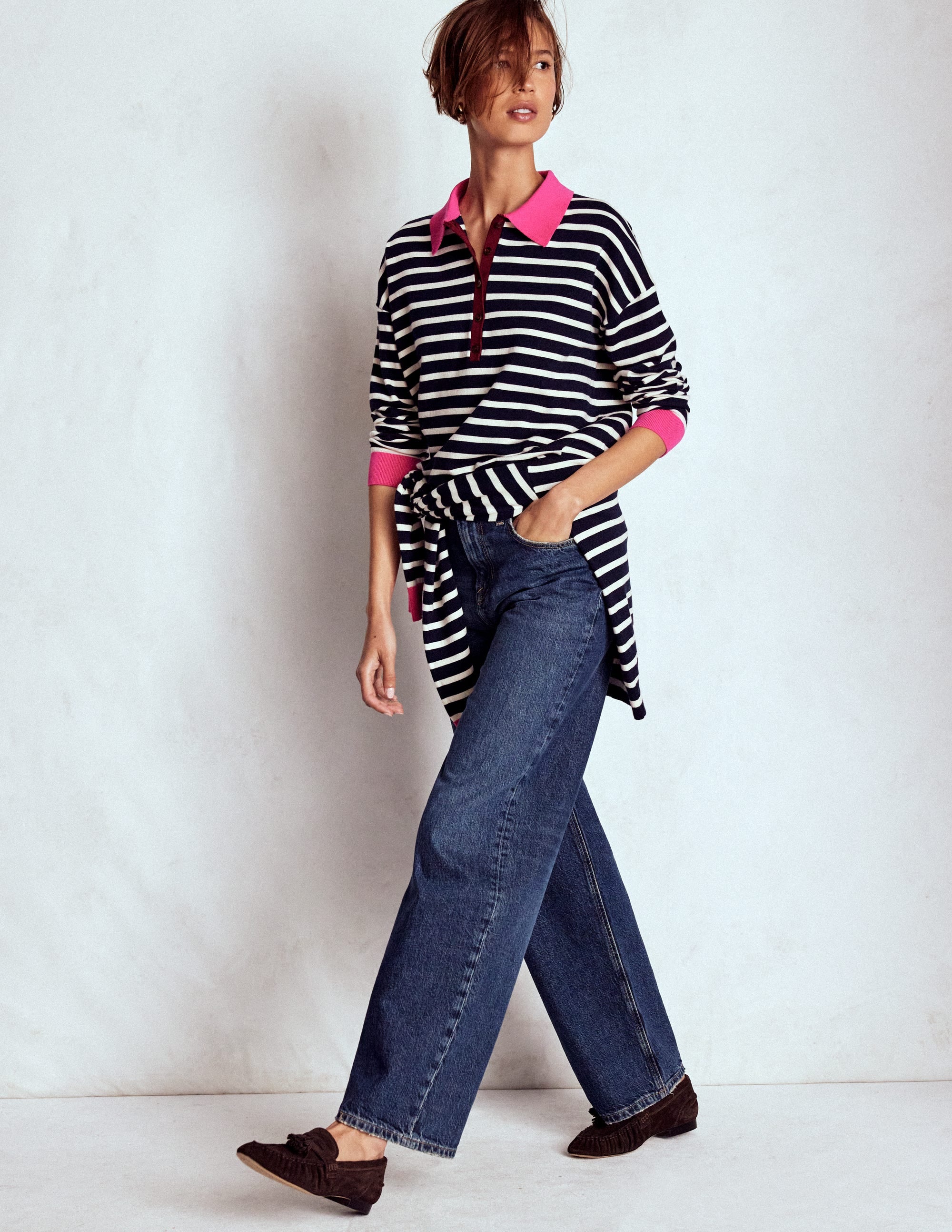 Lara Cotton Henley Jumper-Navy Stripe - Image 4