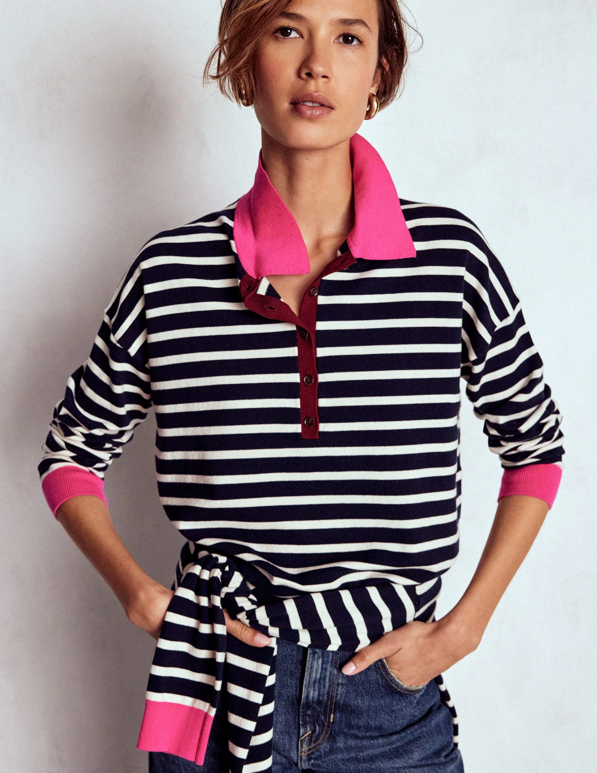 Lara Cotton Henley Jumper-Navy Stripe - Image 5