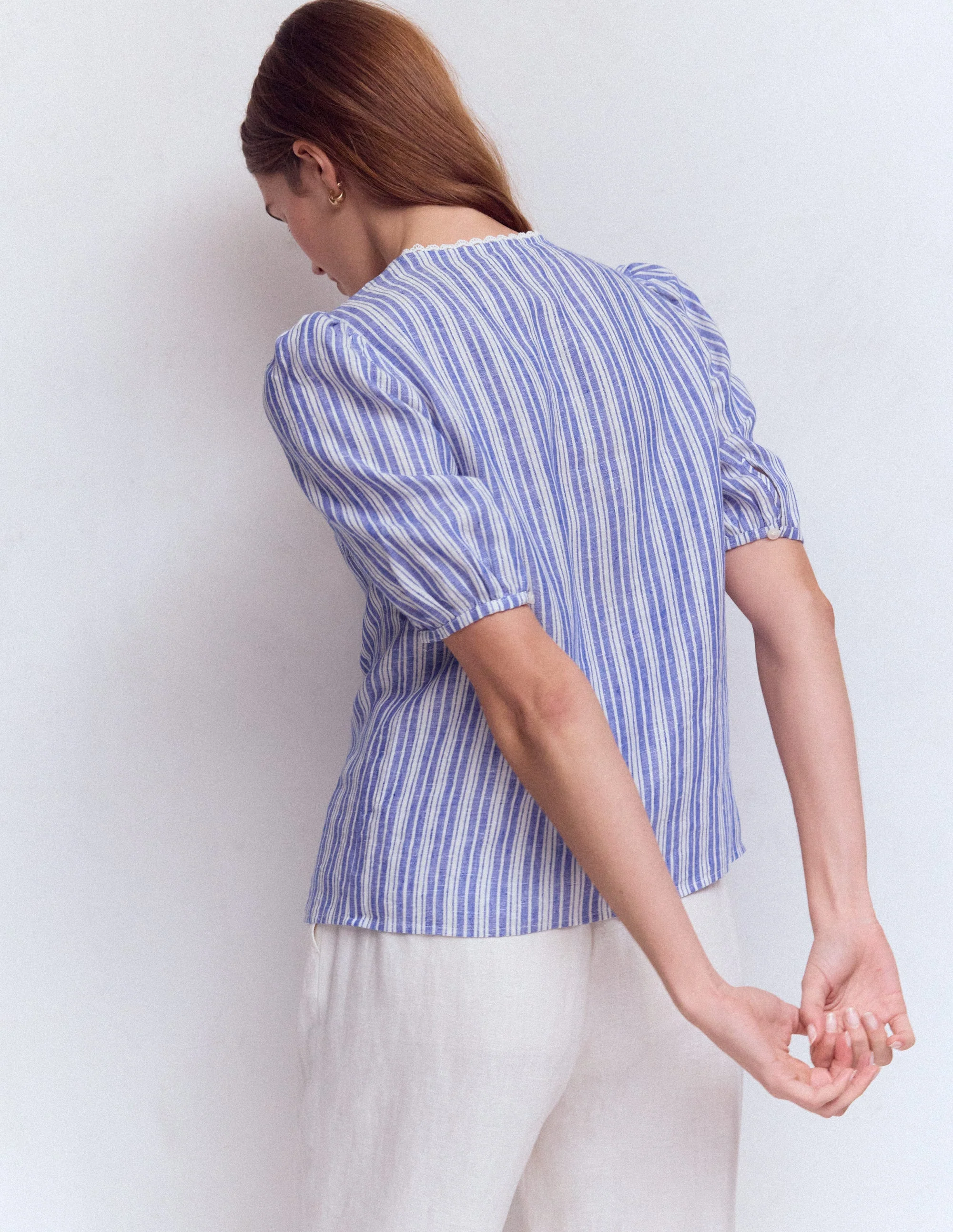 Leah Short Sleeve Linen Top-Bright Blue Varigated Stripe - Image 3
