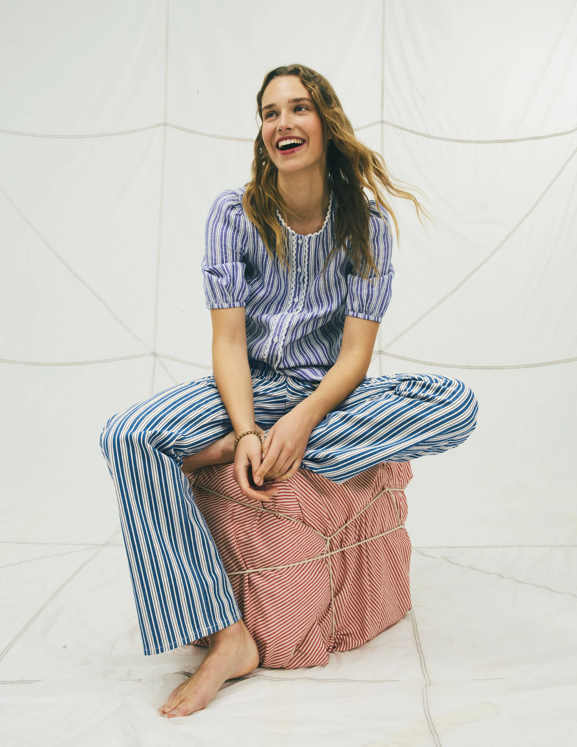 Leah Short Sleeve Linen Top-Bright Blue Varigated Stripe - Image 6