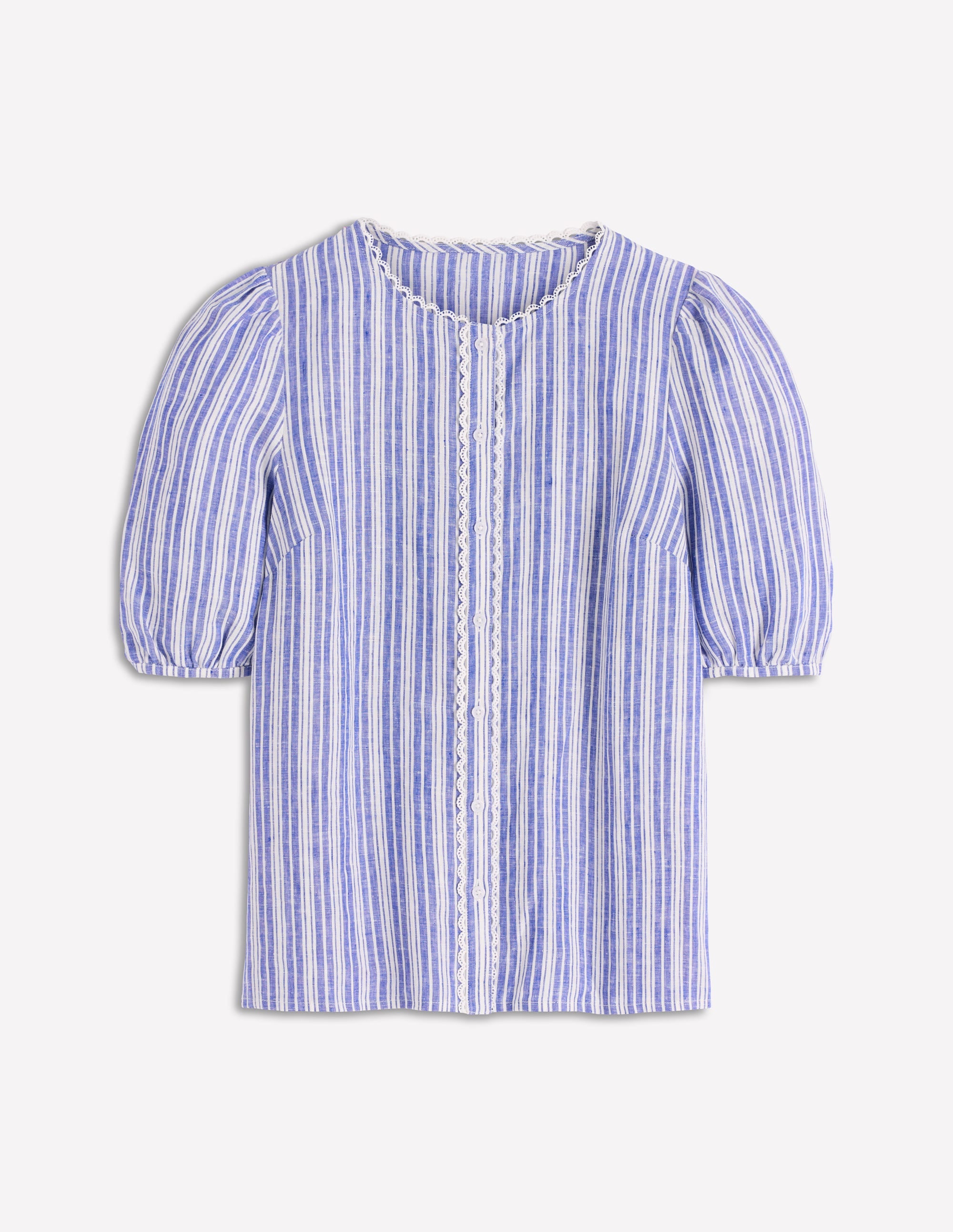 Leah Short Sleeve Linen Top-Bright Blue Varigated Stripe - Image 7