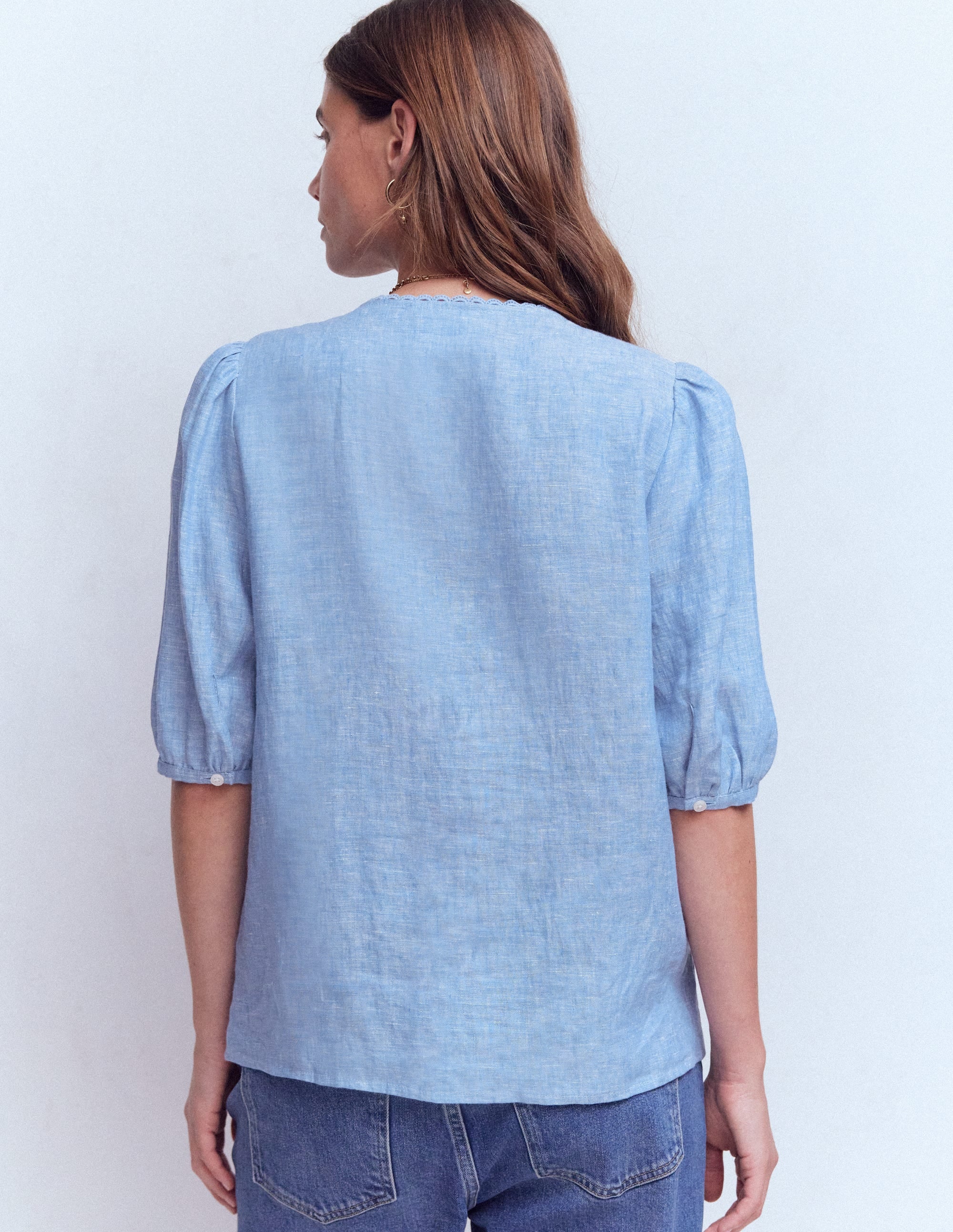 Leah Short Sleeve Linen Top-Chambray - Image 3
