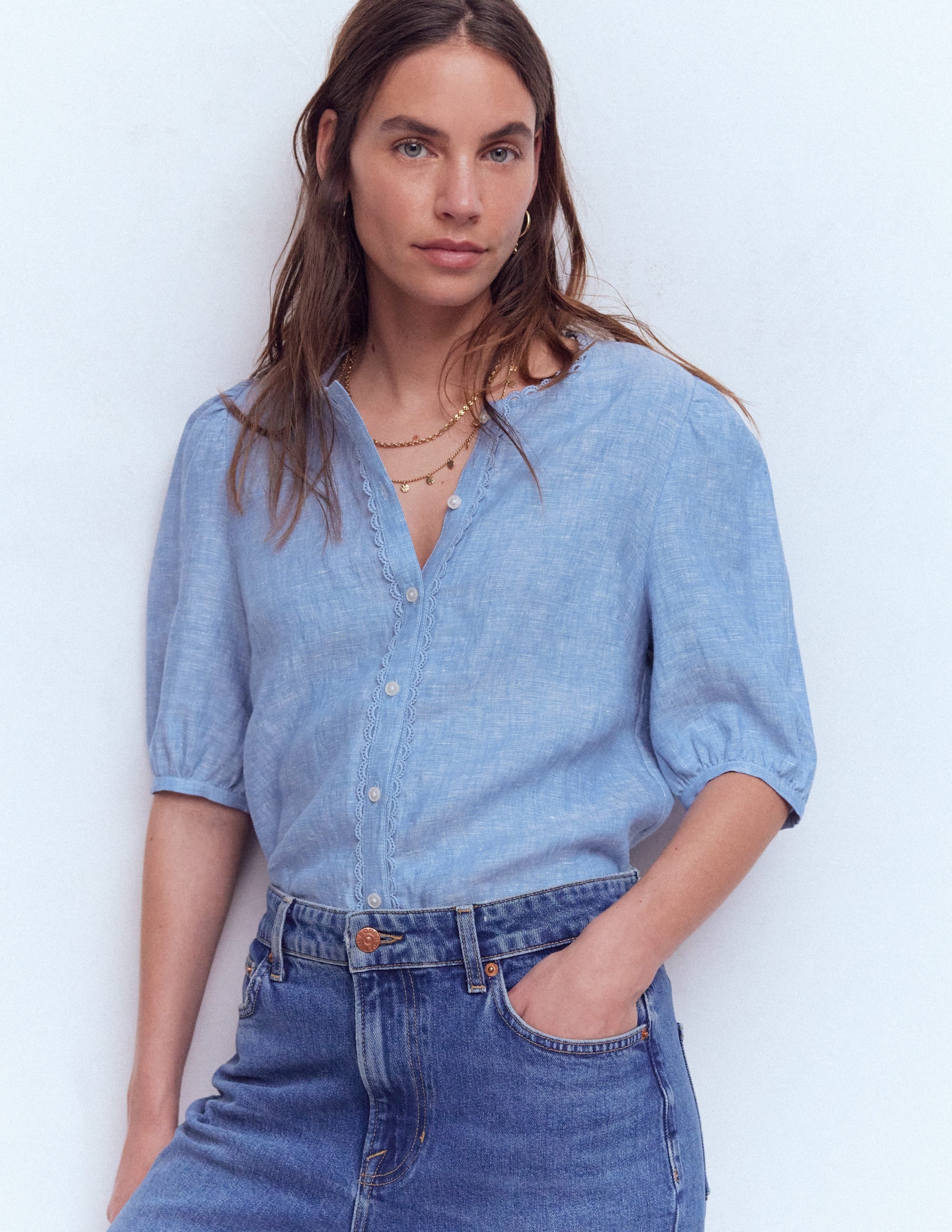 Leah Short Sleeve Linen Top-Chambray - Image 4