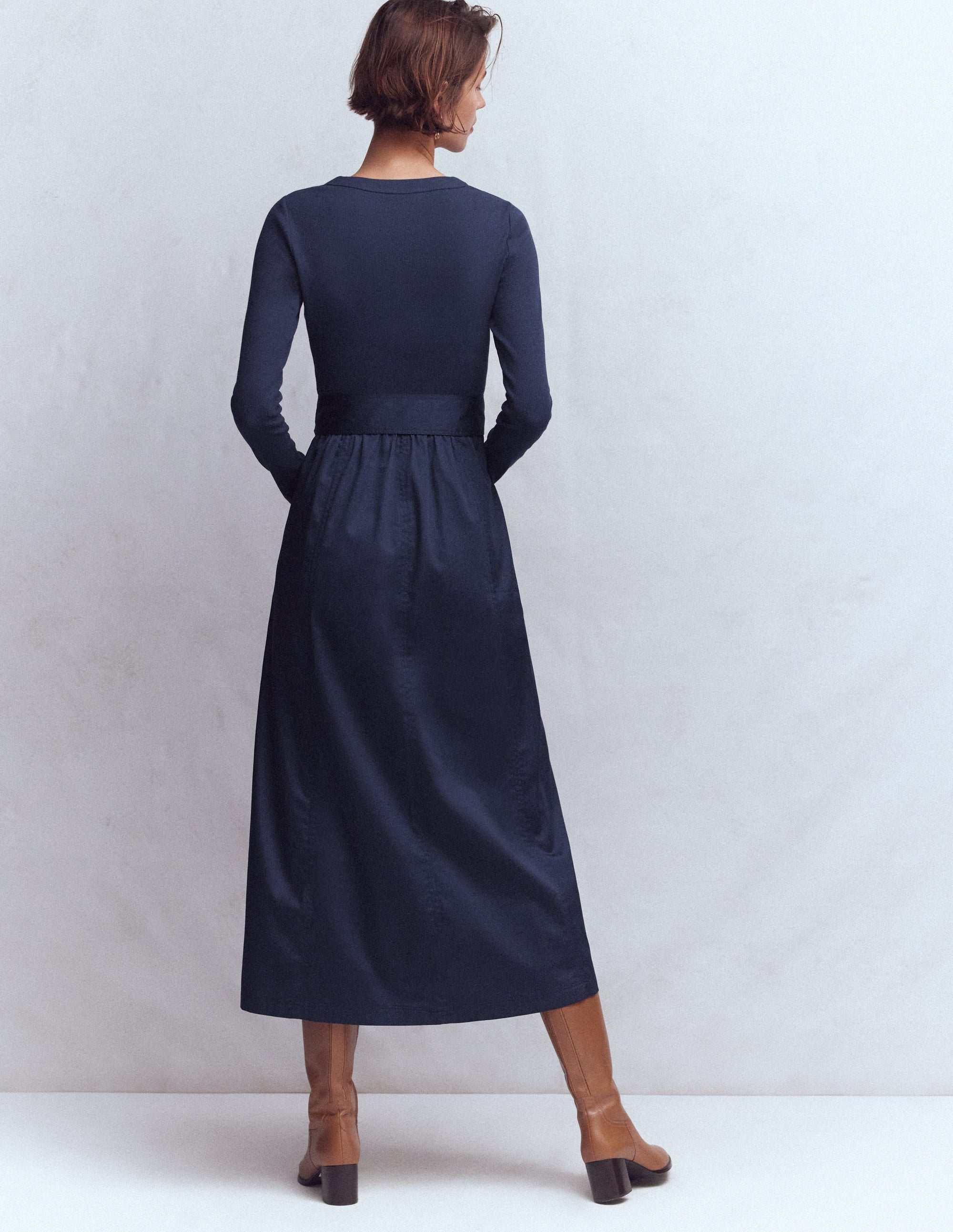 Long Sleeve Mix Media Dress-Navy - Image 3