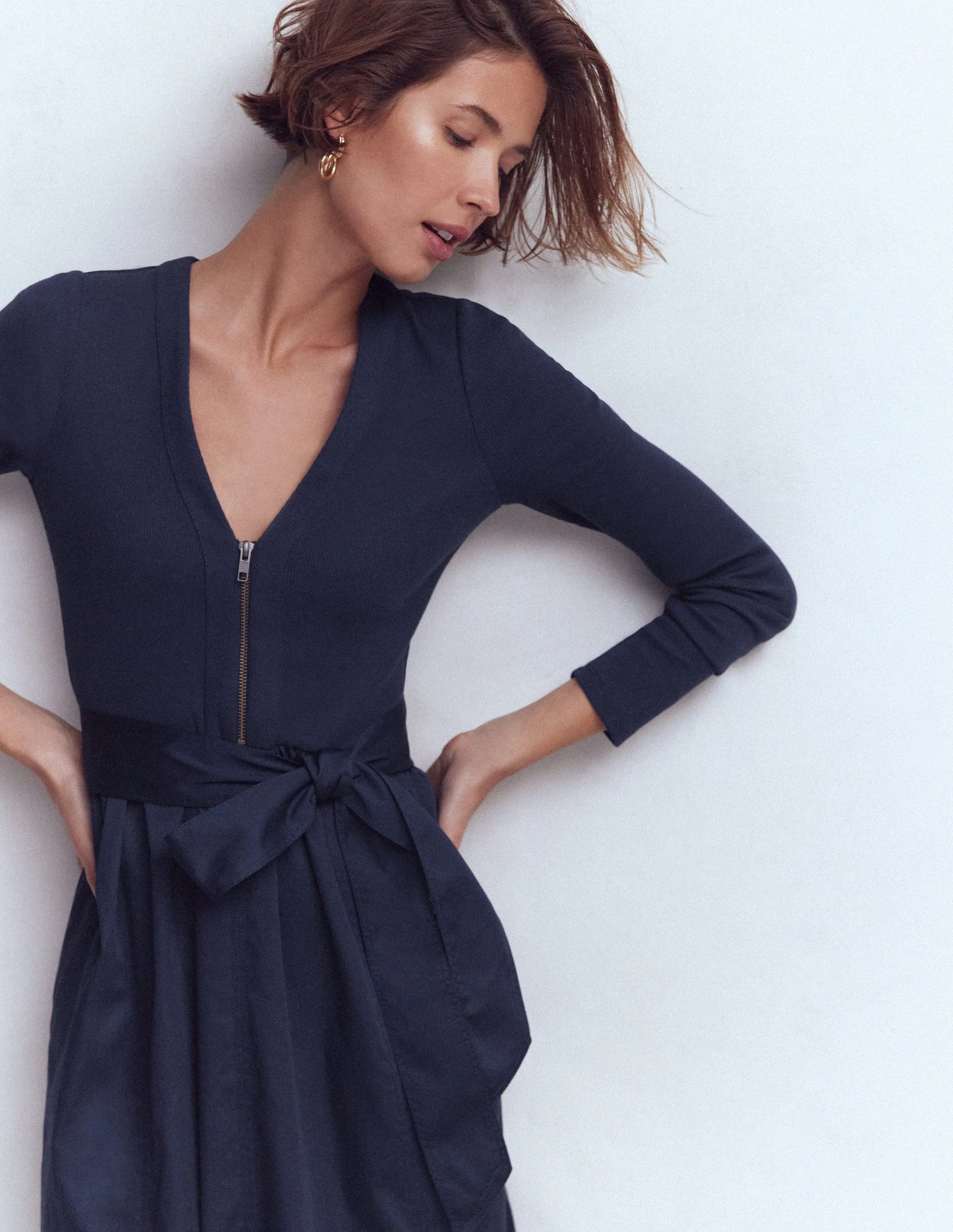 Long Sleeve Mix Media Dress-Navy - Image 4