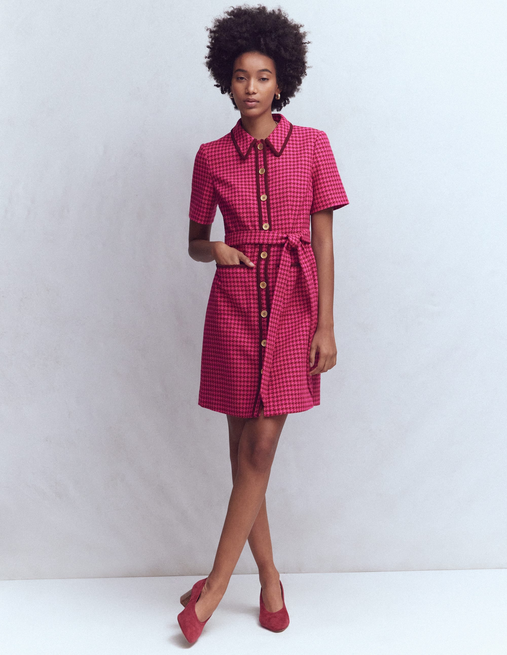 Loren Trim Short Dress-Red & Pink Dogtooth - Image 4