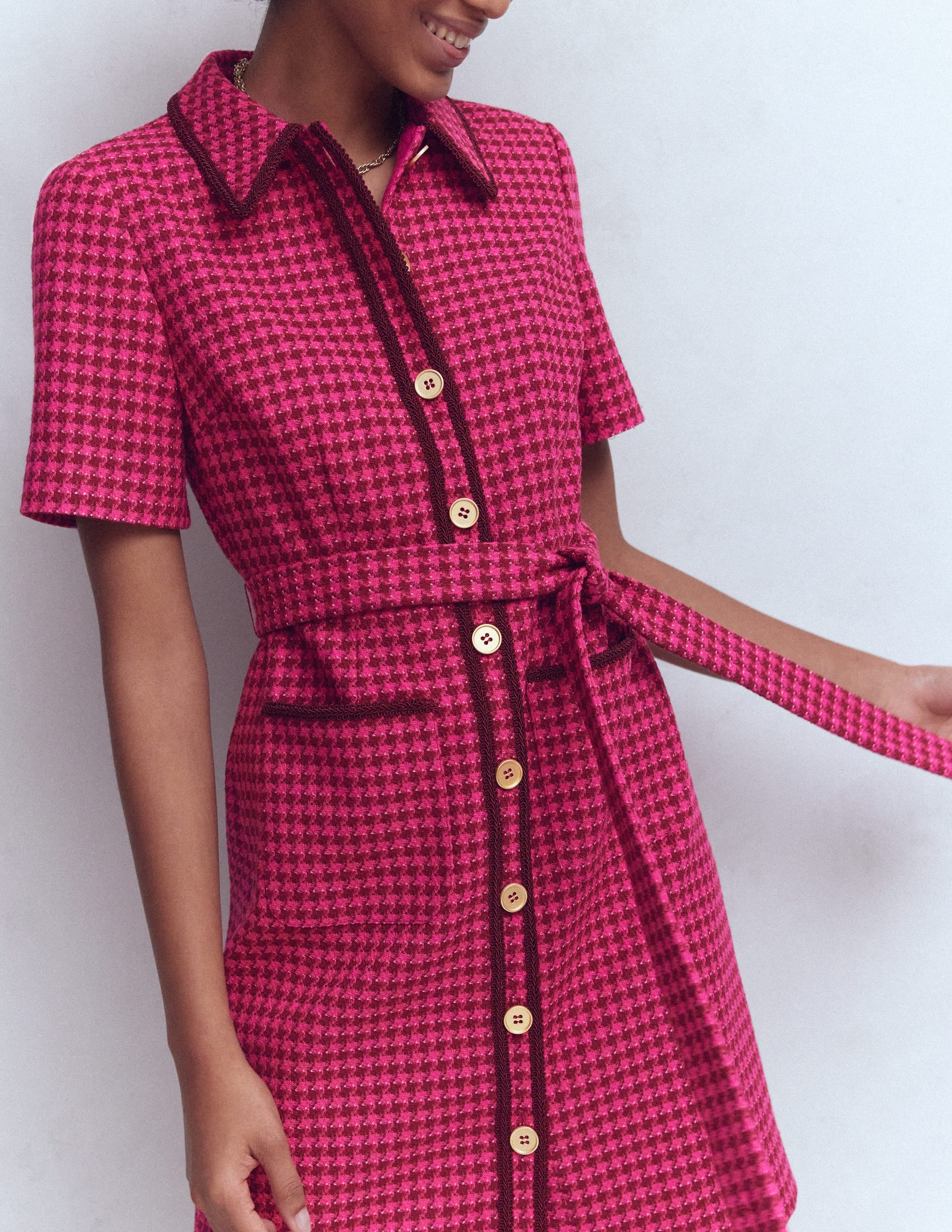 Loren Trim Short Dress-Red & Pink Dogtooth - Image 5