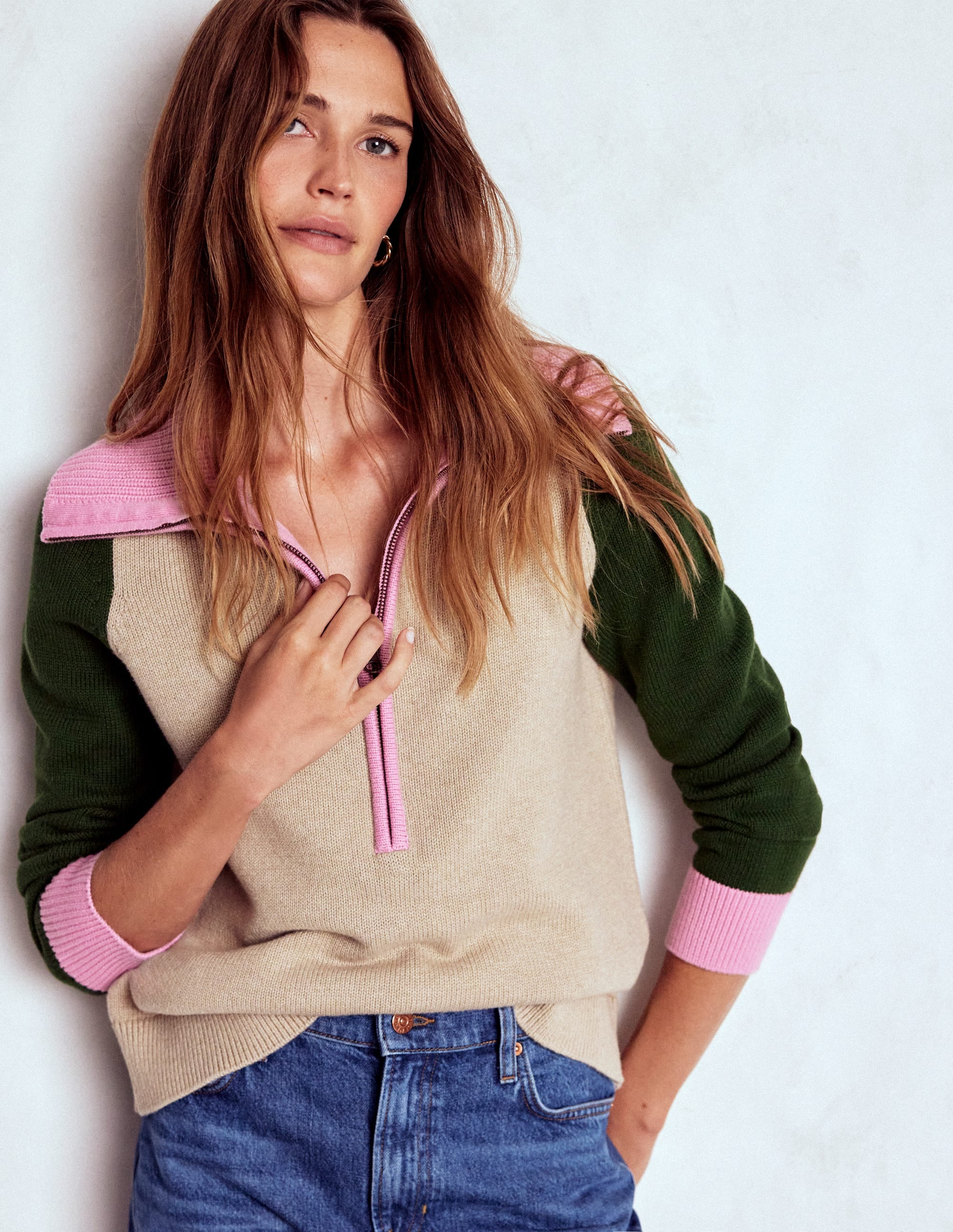 Lucy Half-zip Jumper-Chinchilla Melange, Green Fir - Image 4