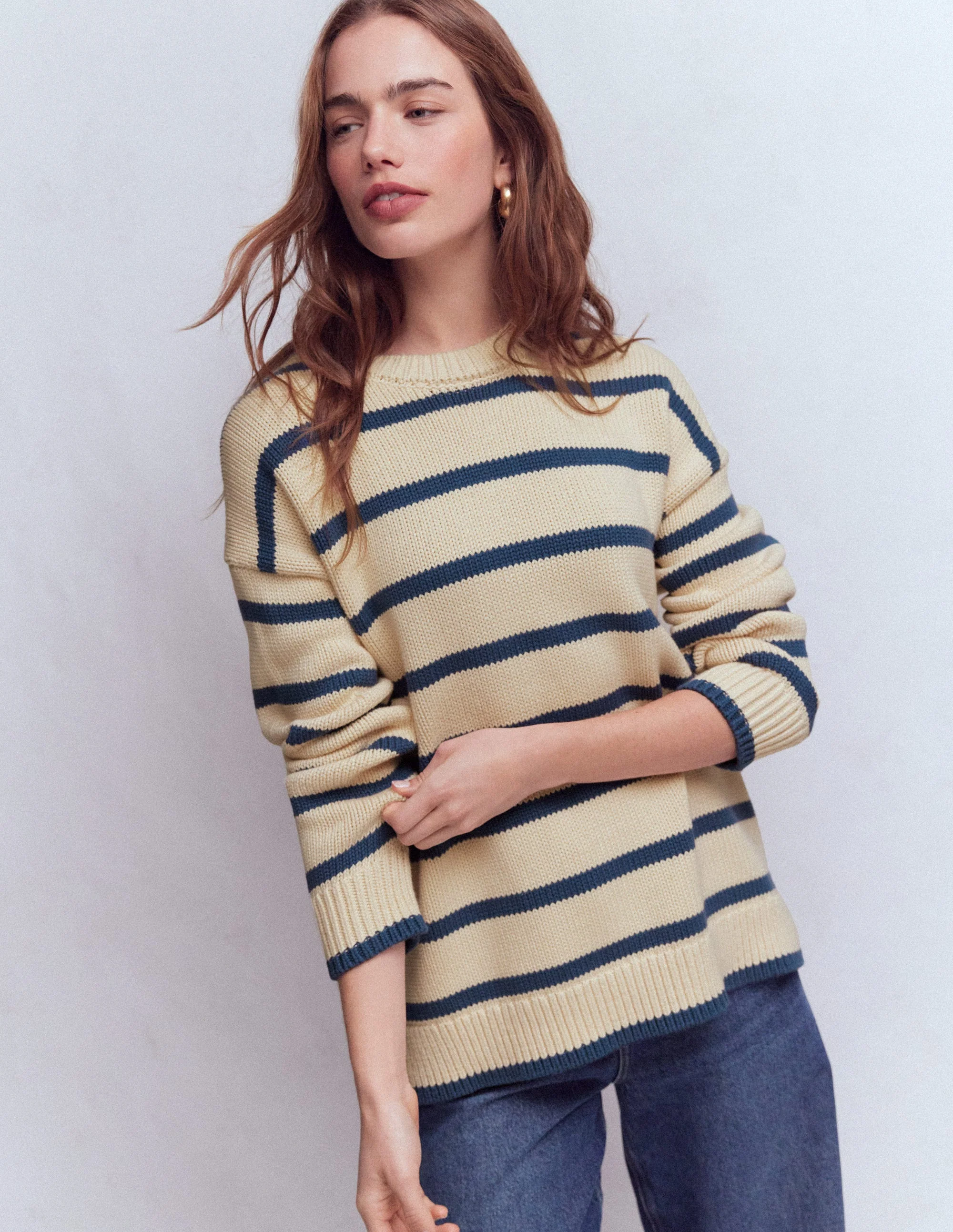 Lucy Oversized Cotton Jumper-Almond Milk/ Denim Blue Stripe - Image 4