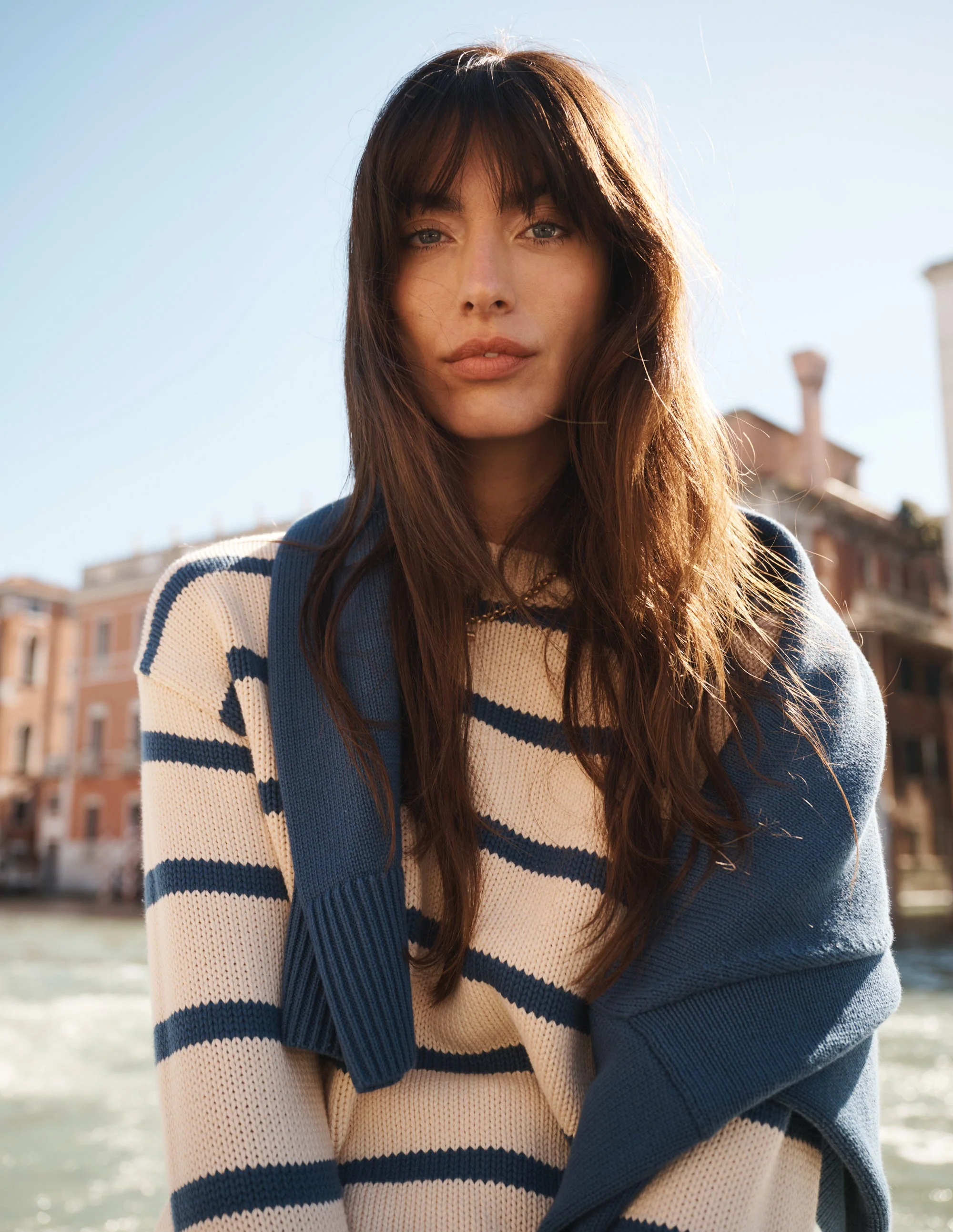 Lucy Oversized Cotton Jumper-Almond Milk/ Denim Blue Stripe - Image 6
